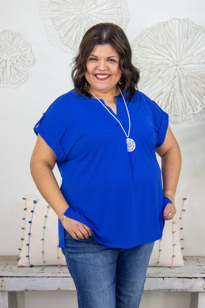 Royal Blue Button Cuffed Sleeve Top