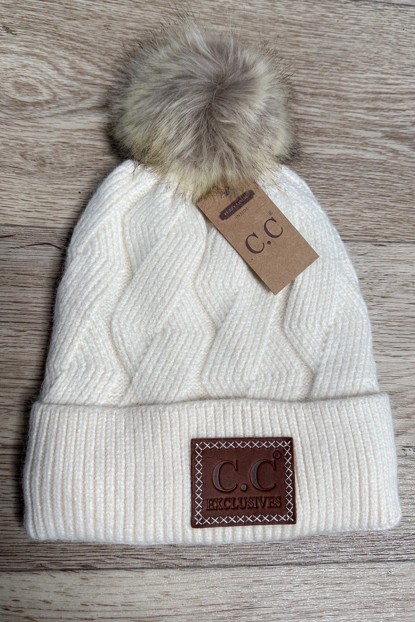 Geometric Cable Beanie Hat w/Pom - Cream