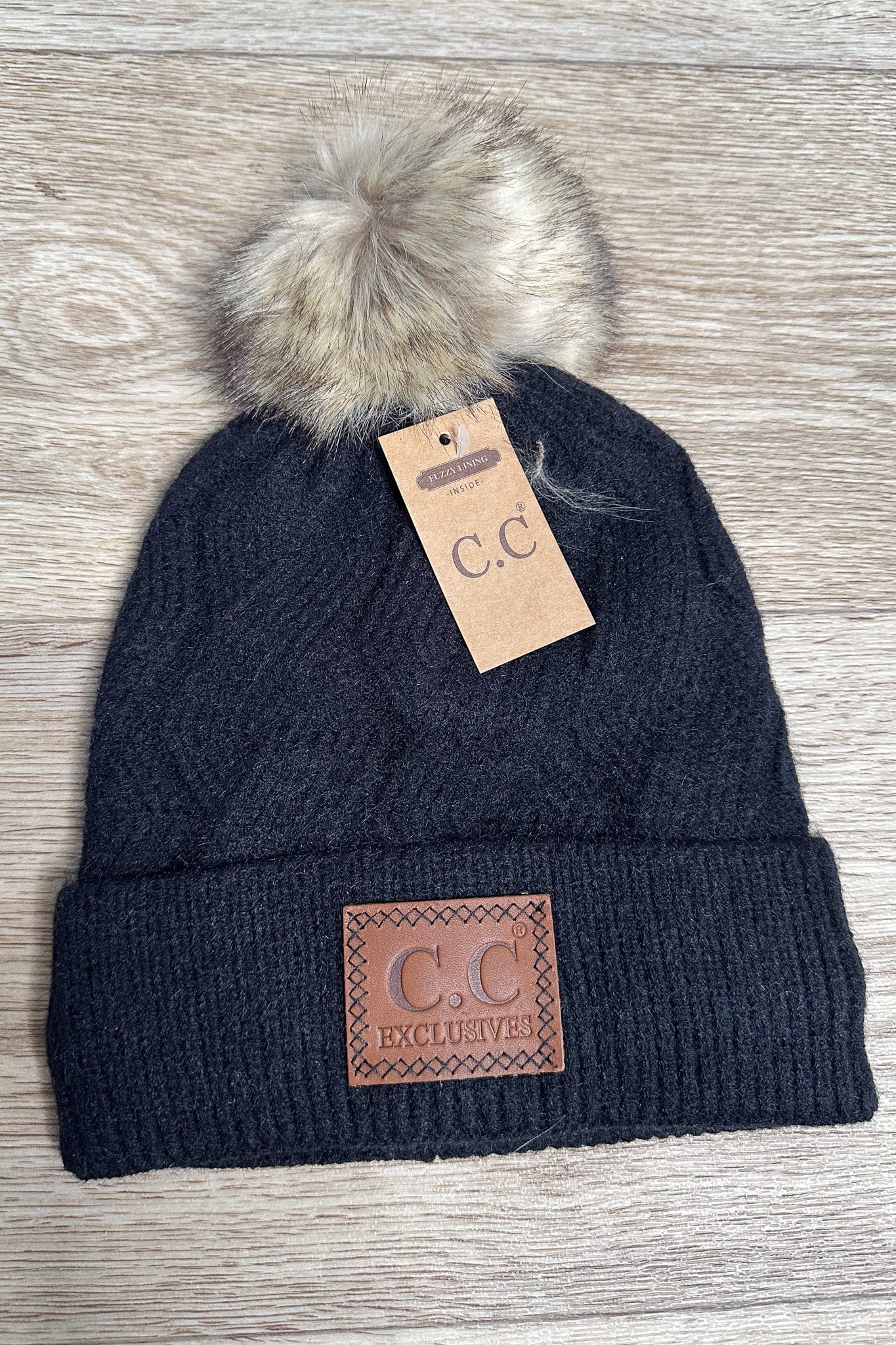 Geometric Cable Beanie Hat w/Pom - Black