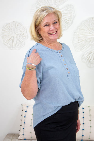 Blue Short Sleeve Henley Top styled
