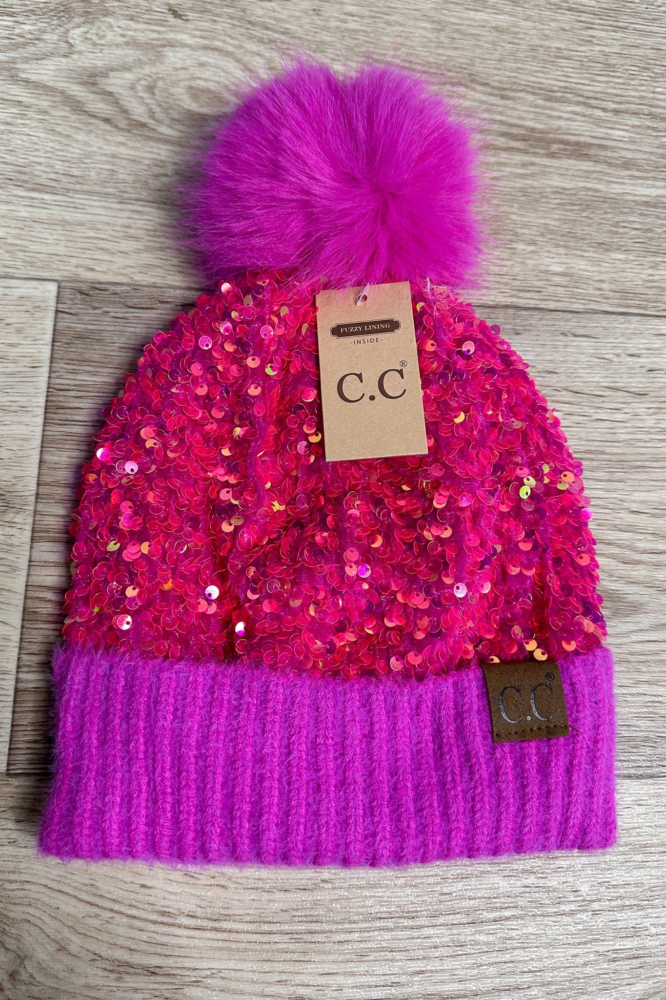 Sequin Fur Pom Beanie - Hot Pink