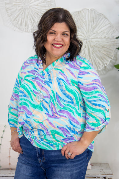 Blue Multi Color Wave Pattern Lizzy Top