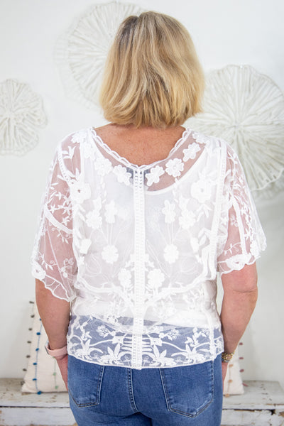 White Embroidered Mesh Blouse Back