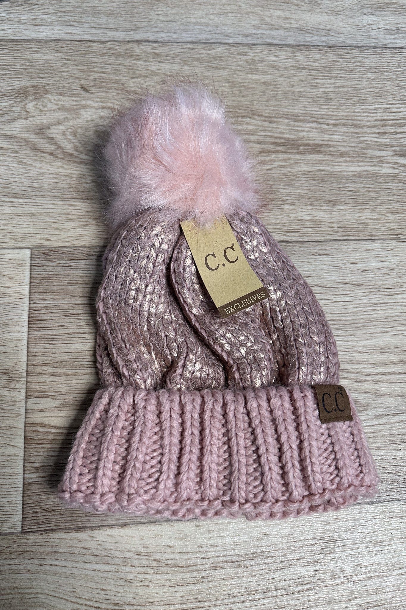 Foil Cable Pom Beanie - Rose