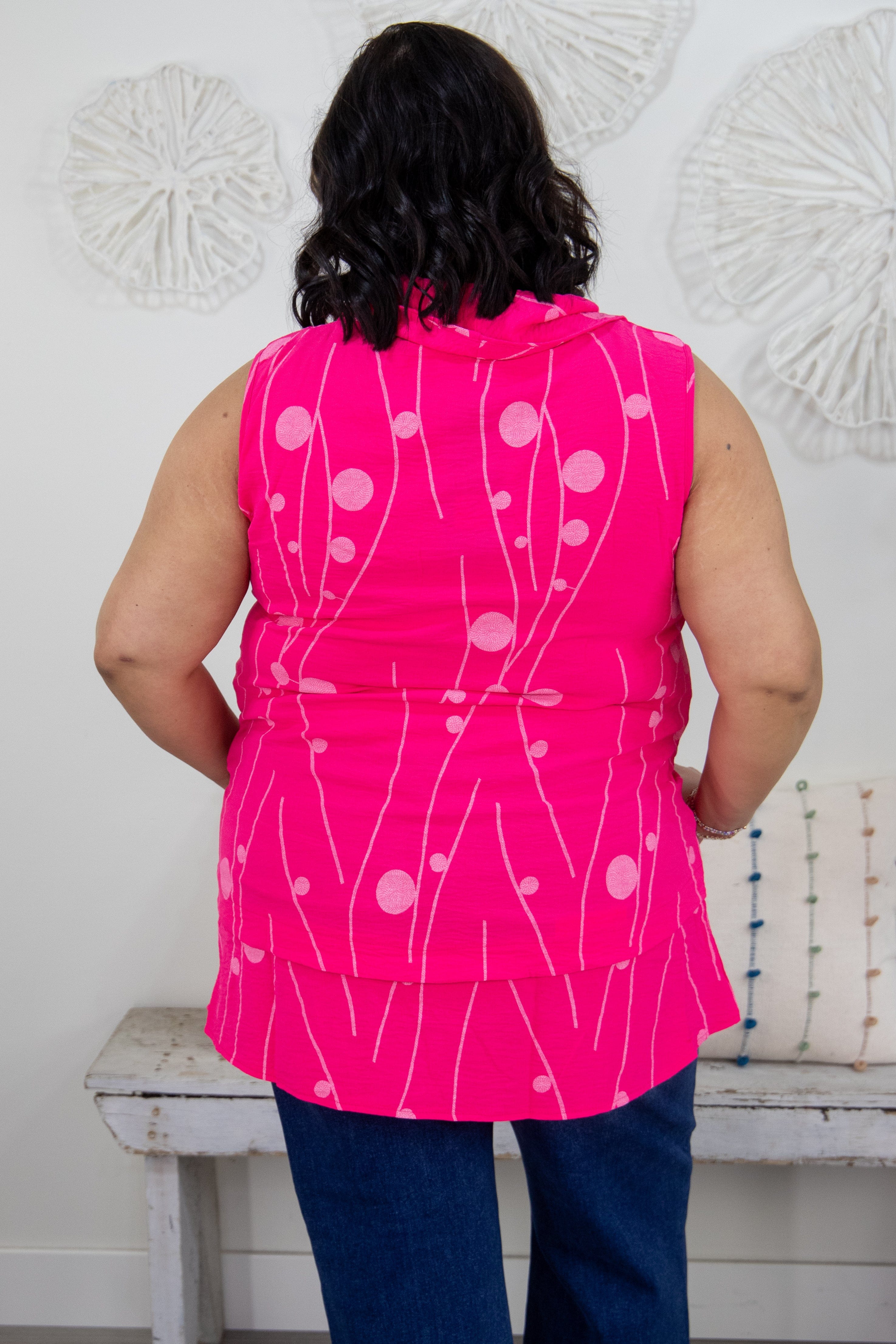 Bright Pink Patterned Cowl Neck Top Back