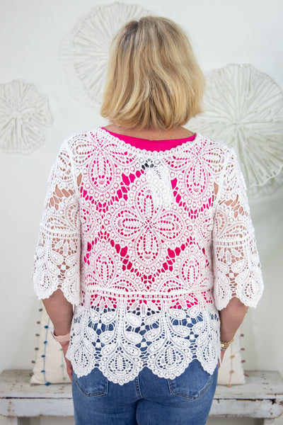 White Open Crochet Top Back
