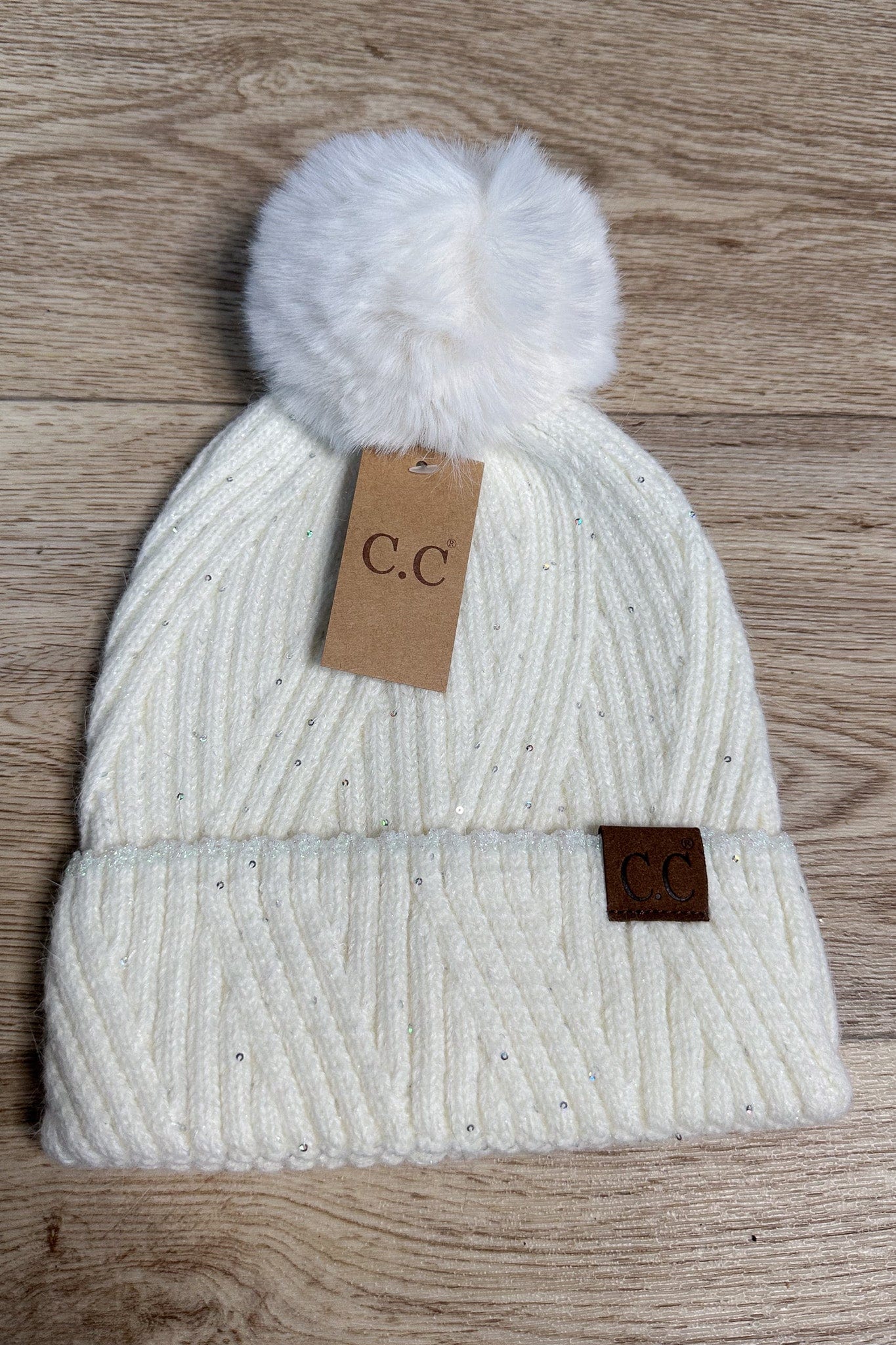 Sequin w/Pom Beanie Hat - Ivory