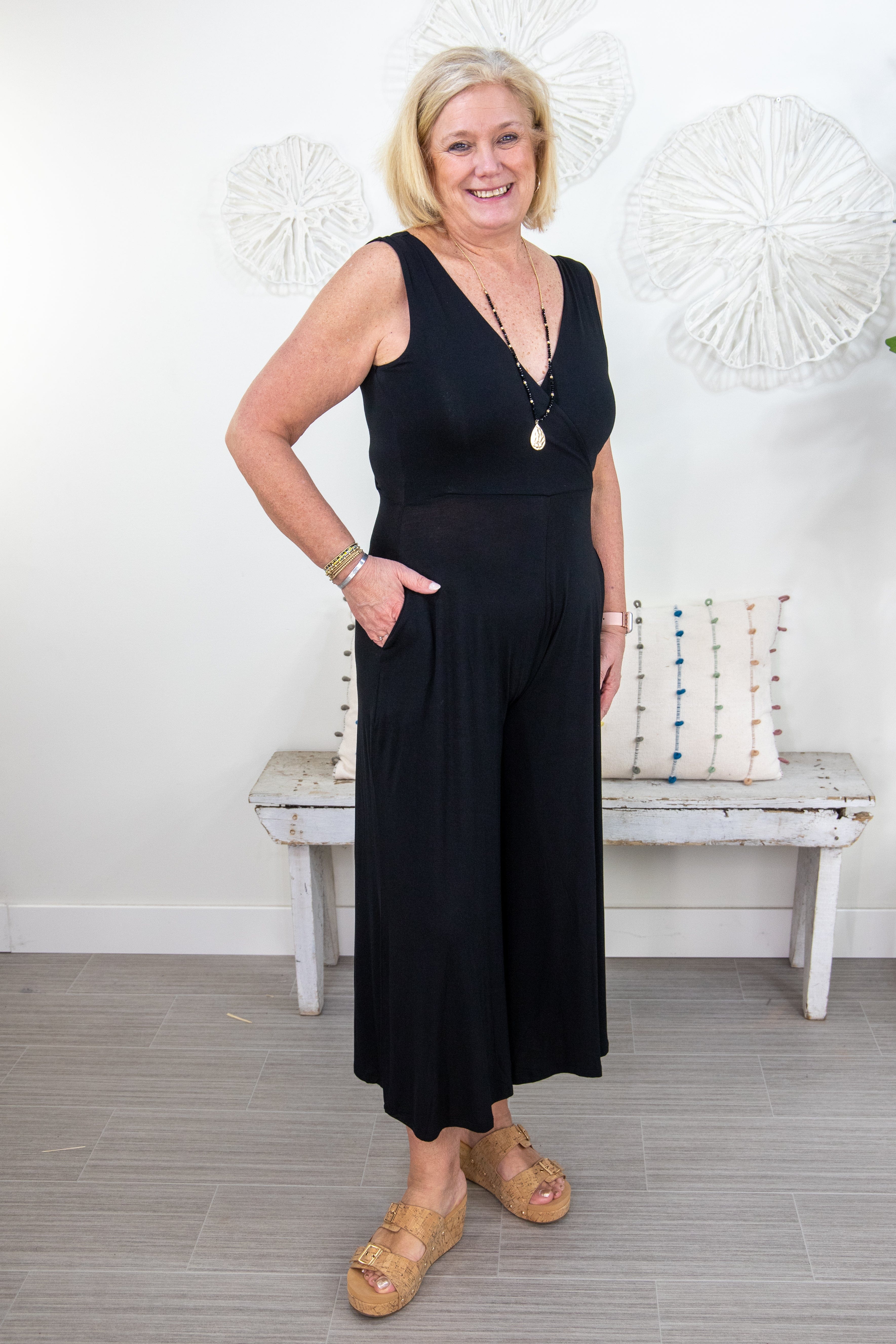 Black Surplice Neckline Jumpsuit