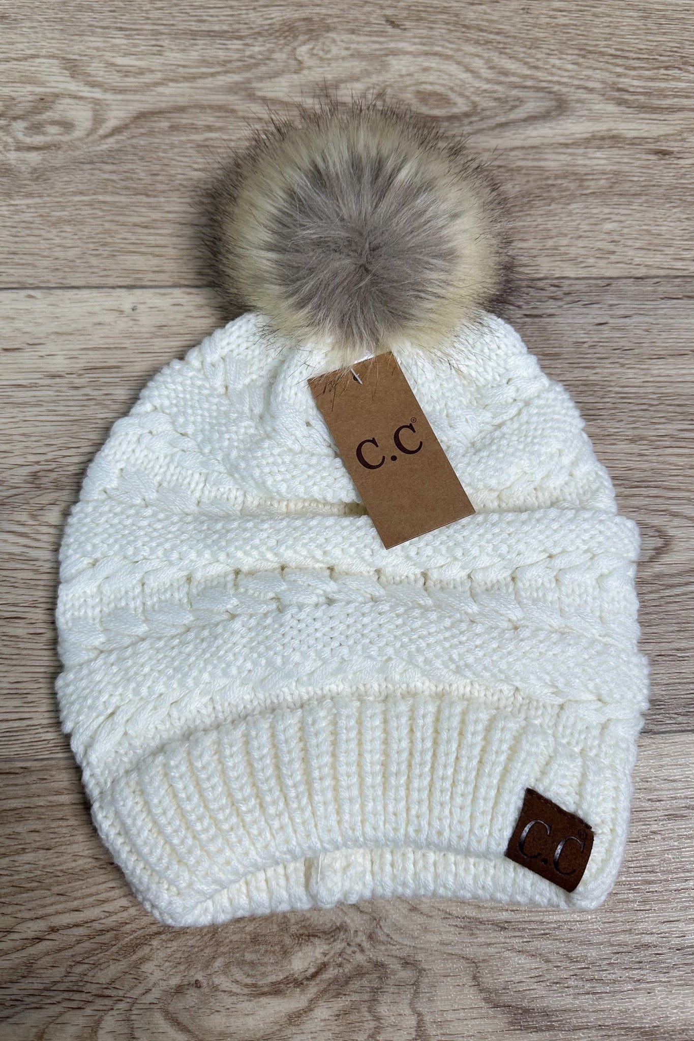 Whipstitch Knit Faux Fur Pom Beanie - Ivory