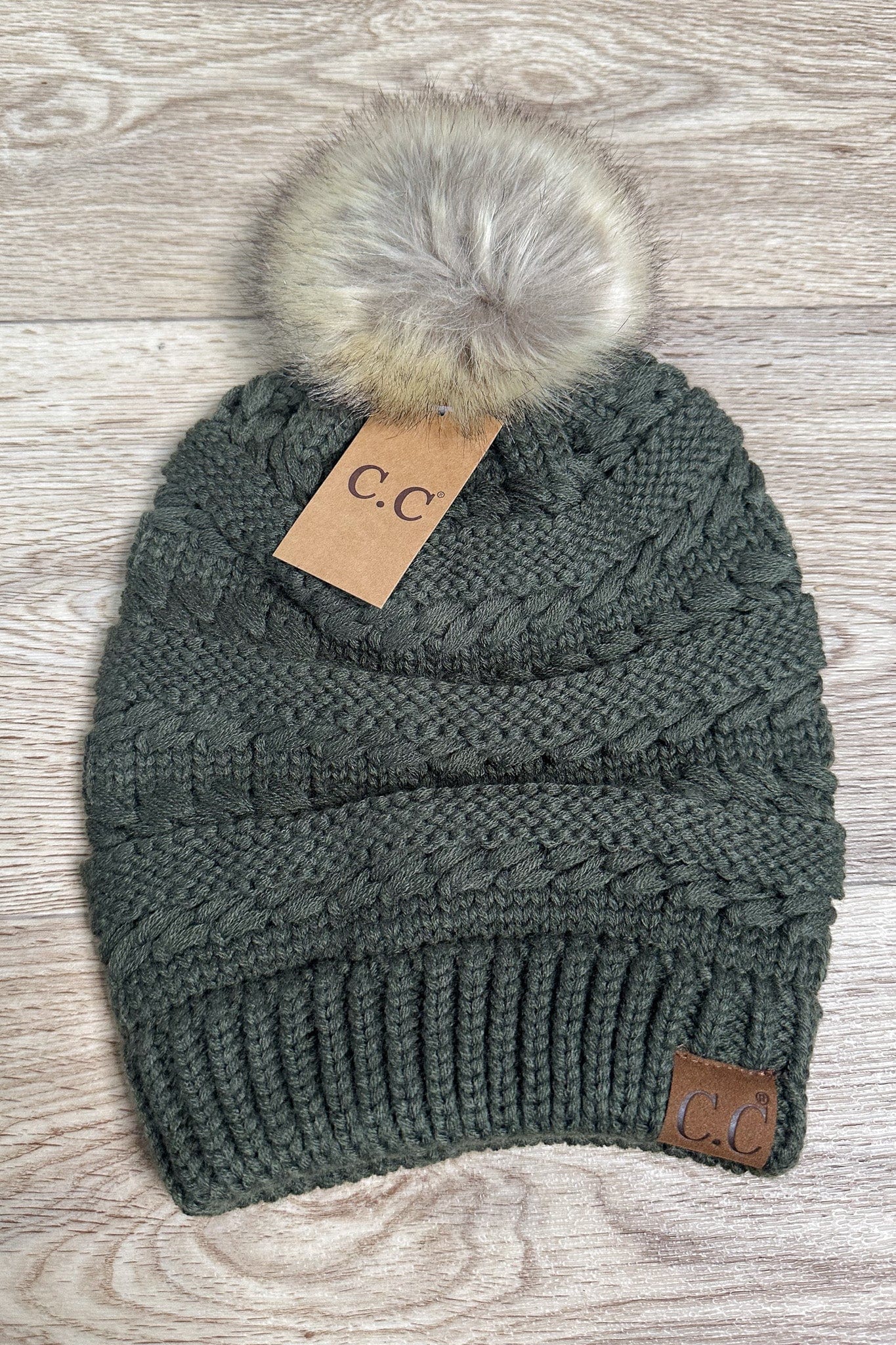 Whipstitch Knit Faux Fur Pom Beanie - New Olive