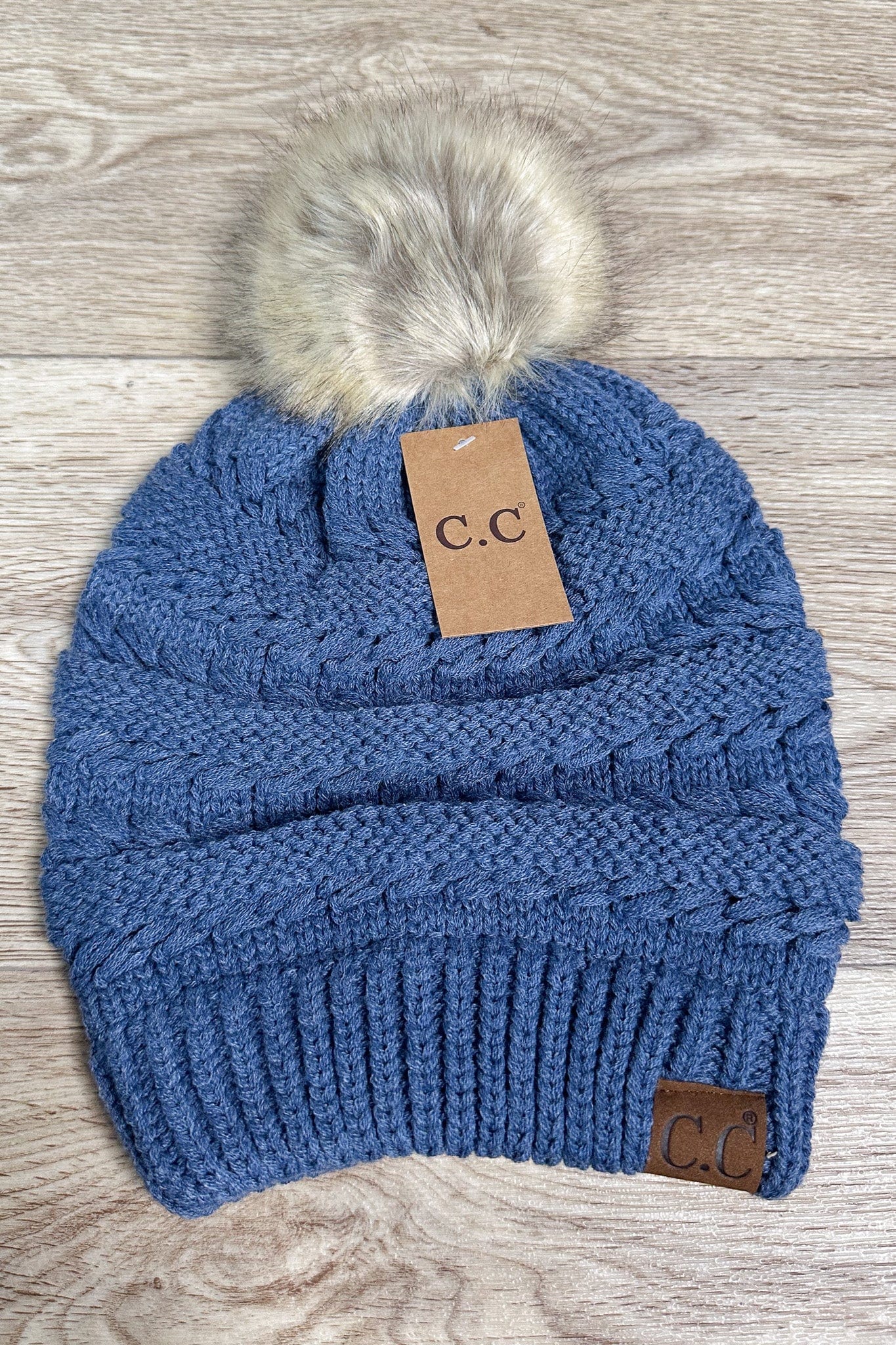 Whipstitch Knit Faux Fur Pom Beanie - Heather Denim