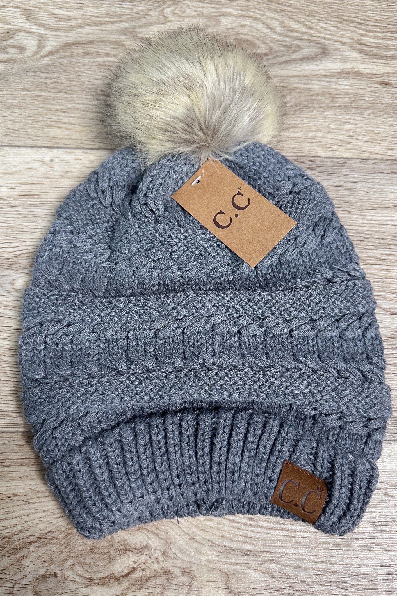 Whipstitch Knit Faux Fur Pom Beanie - Light Grey