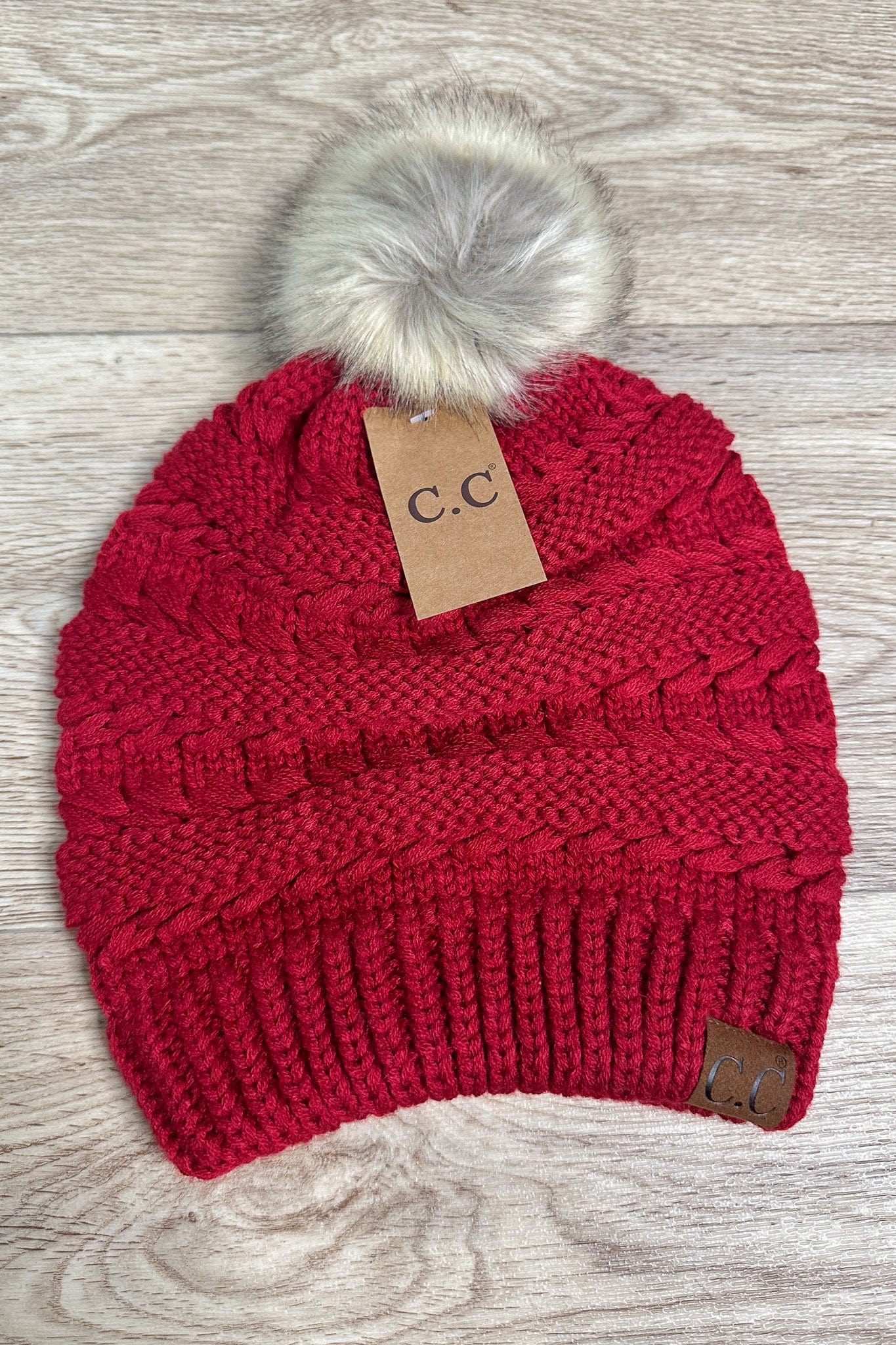 Whipstitch Knit Faux Fur Pom Beanie - Chili Pepper