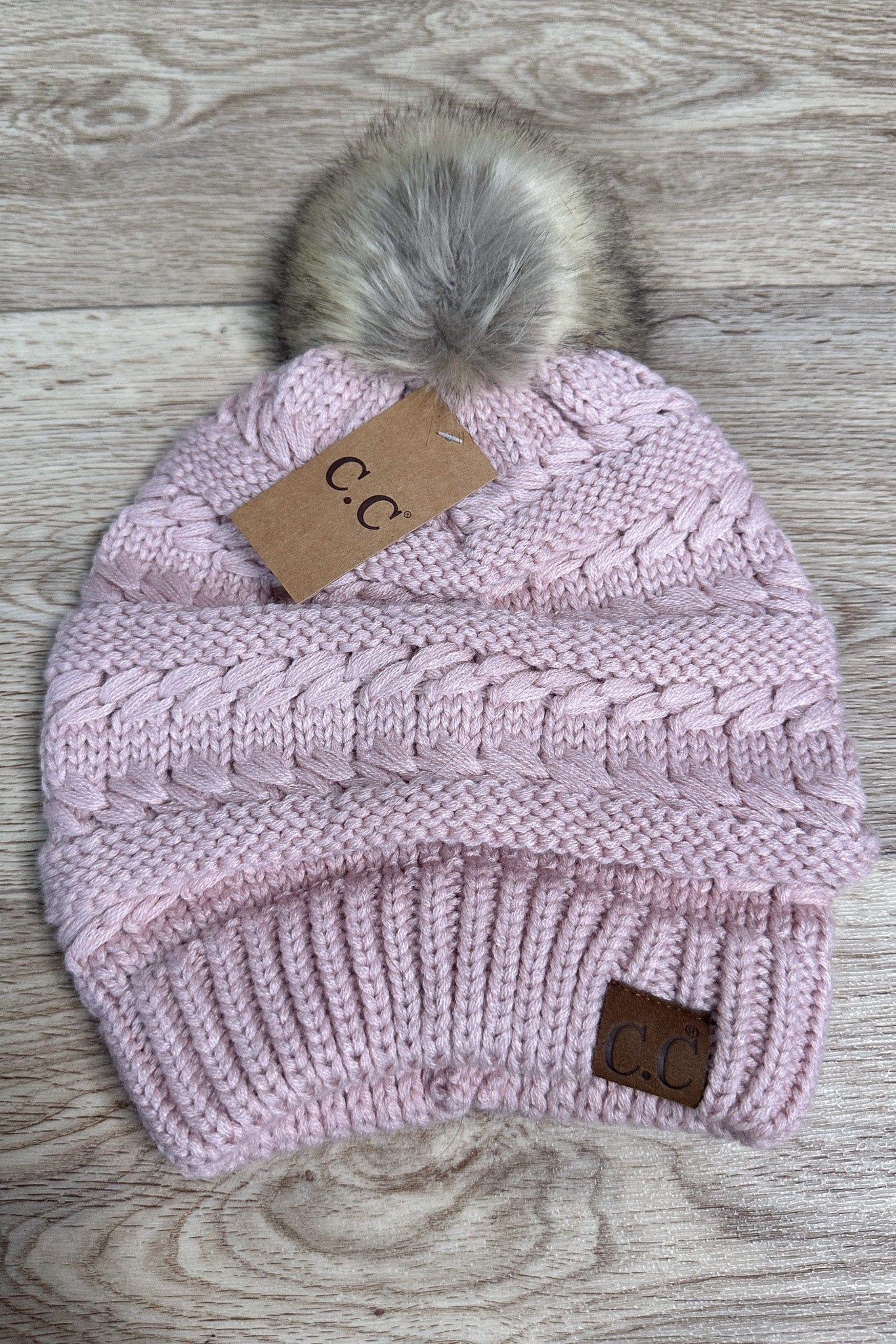 Whipstitch Knit Faux Fur Pom Beanie - Rose