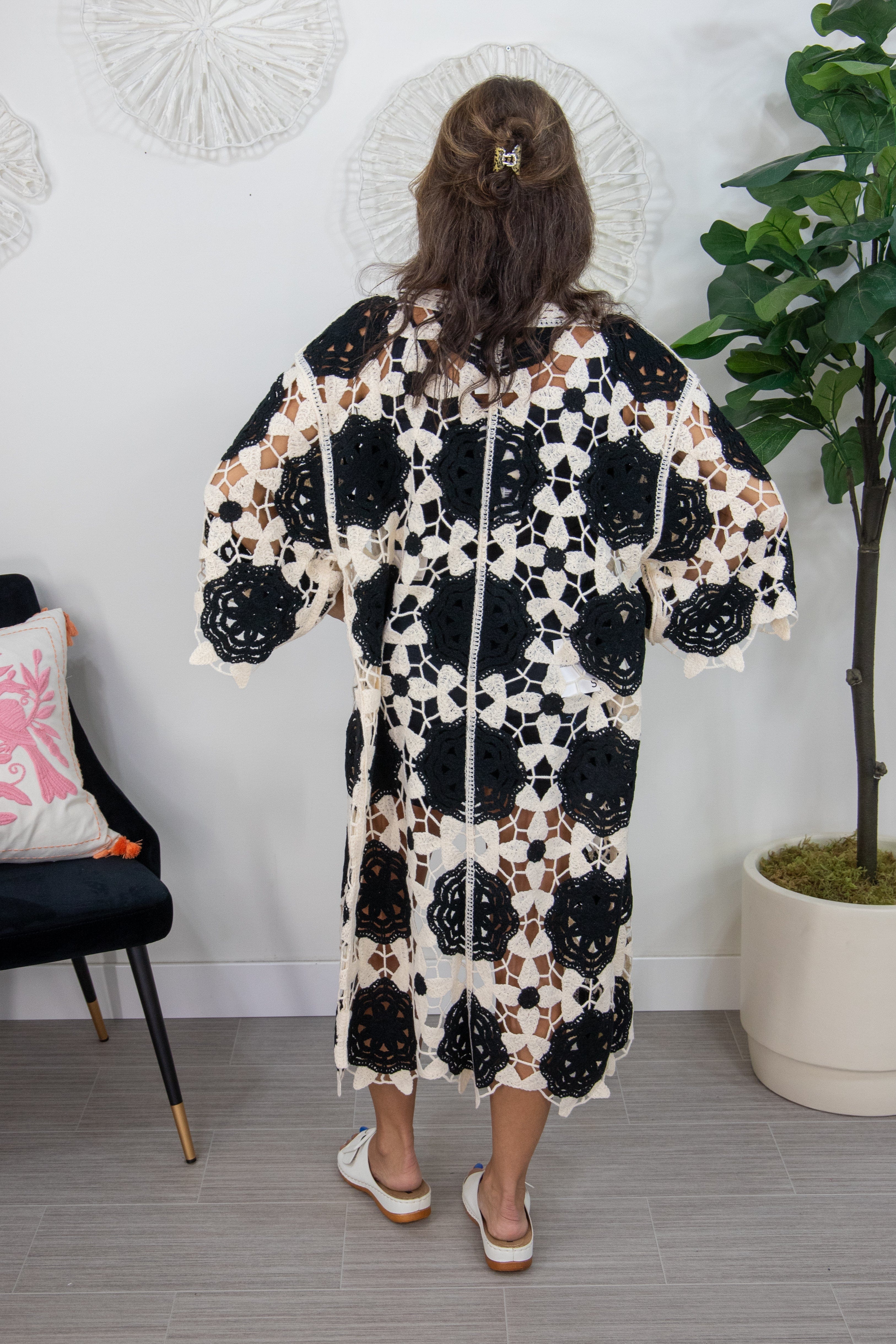Black Floral Crochet Cardigan Back