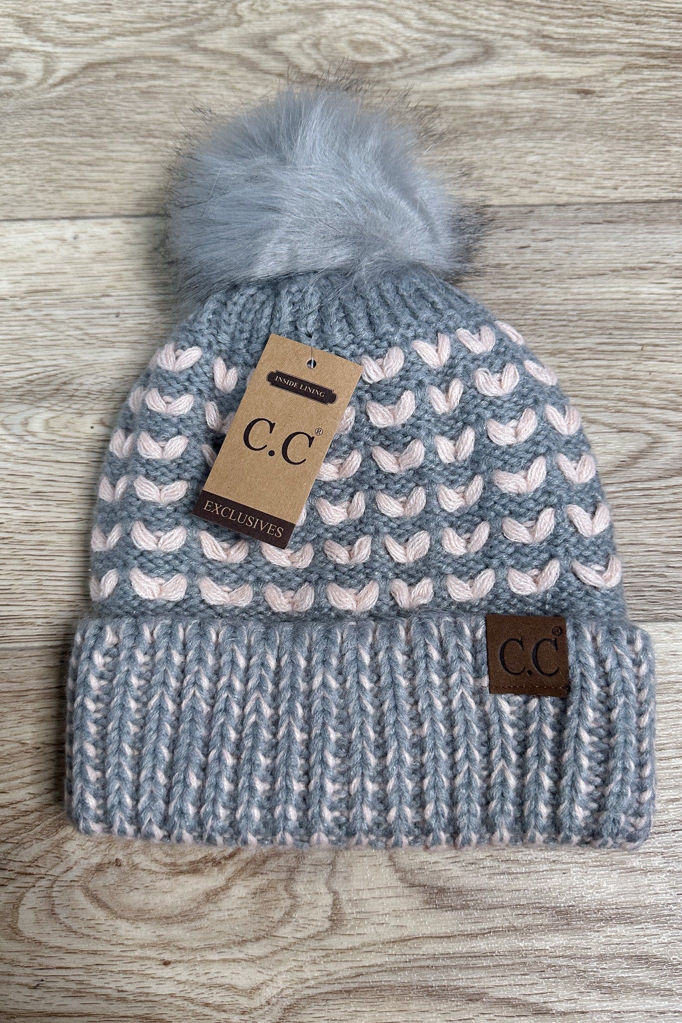 Heart Beanie w/Pom - Light Gray