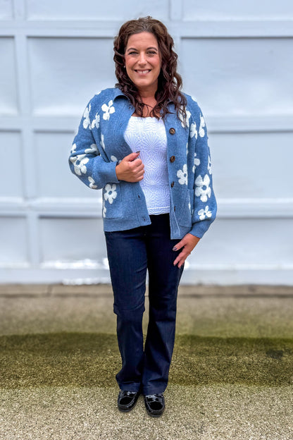 Light Blue Flower Jacquard Sweater Cardigan Styled