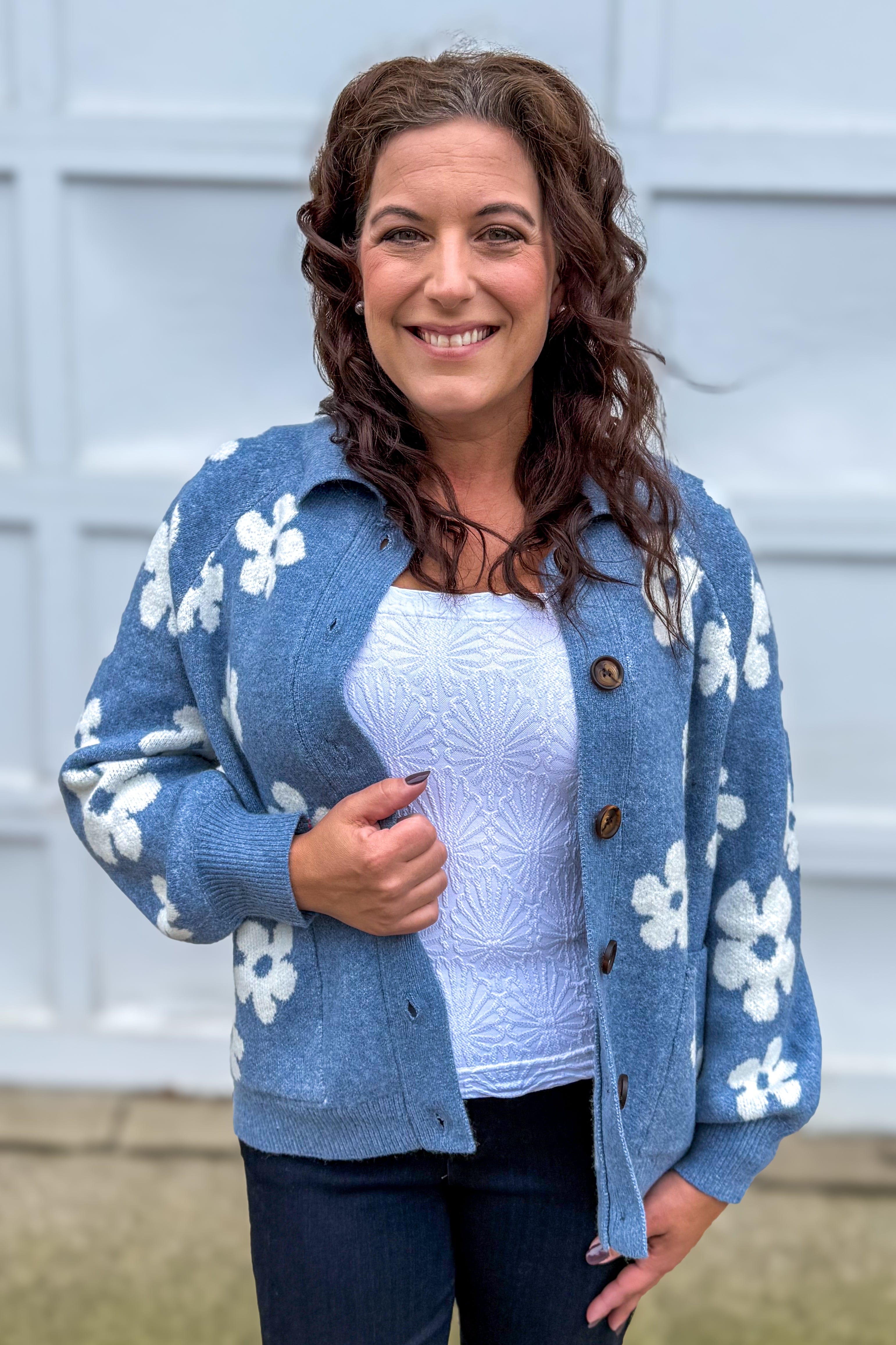 Light Blue Flower Jacquard Sweater Cardigan