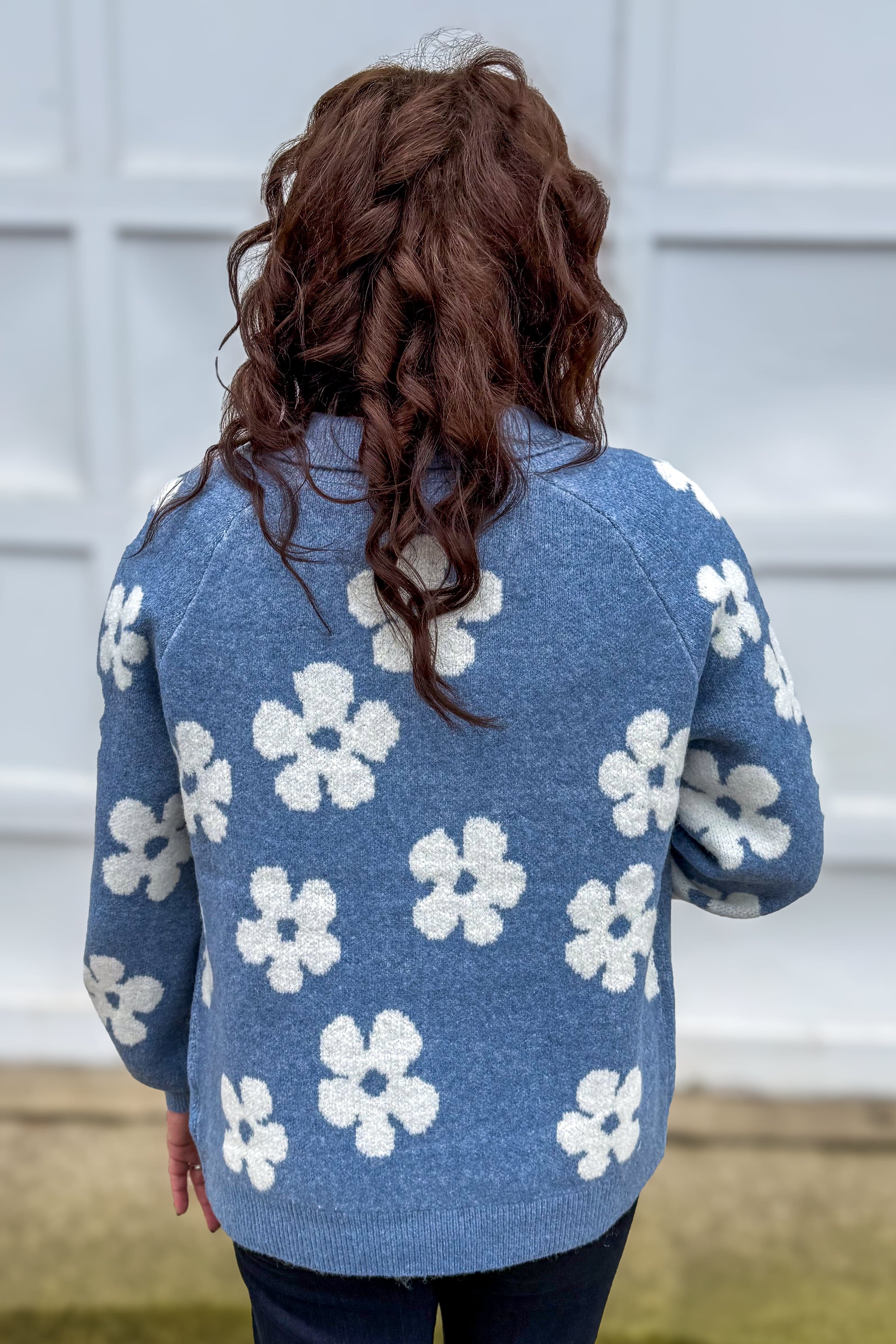 Light Blue Flower Jacquard Sweater Cardigan Back