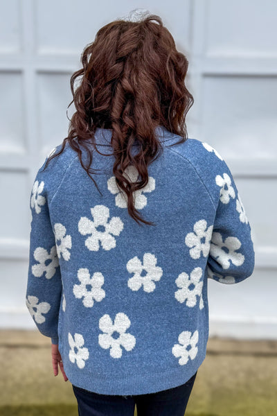 Light Blue Flower Jacquard Sweater Cardigan Back