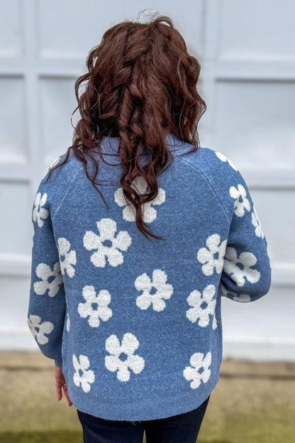 Light Blue Flower Jacquard Sweater Cardigan Back