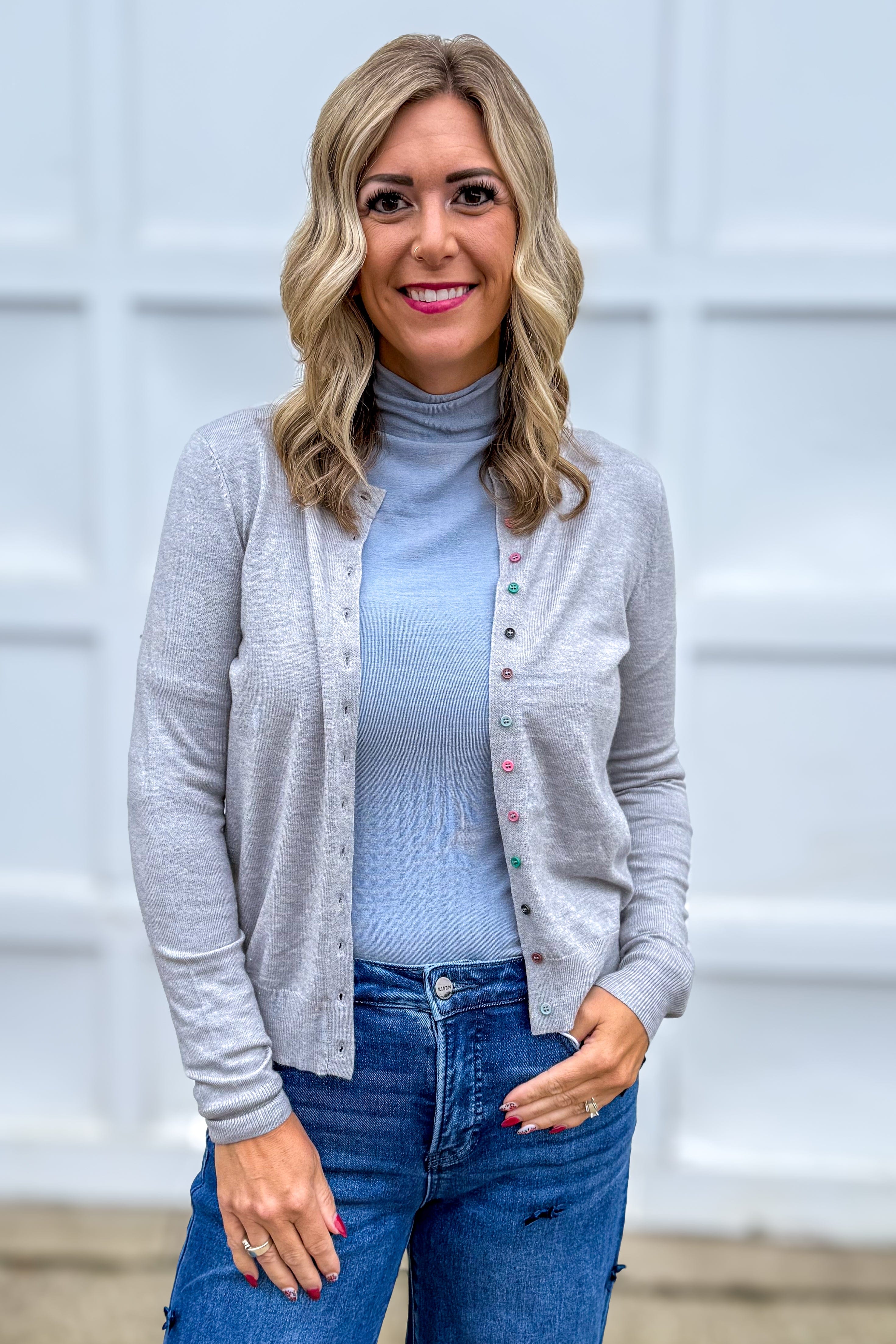 Heathered Grey Multi Color Button Cardigan