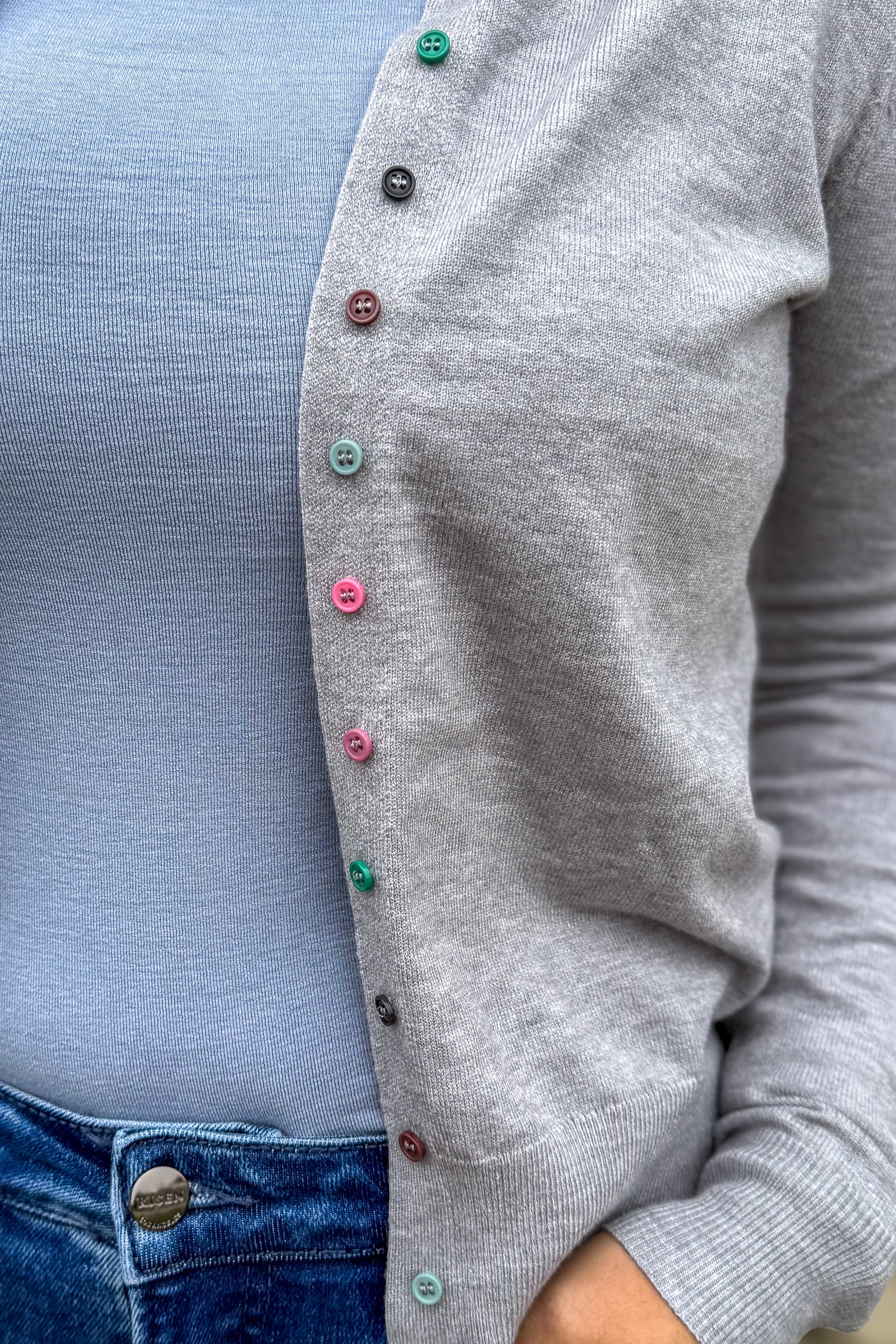 Heathered Grey Multi Color Button Cardigan Detailed