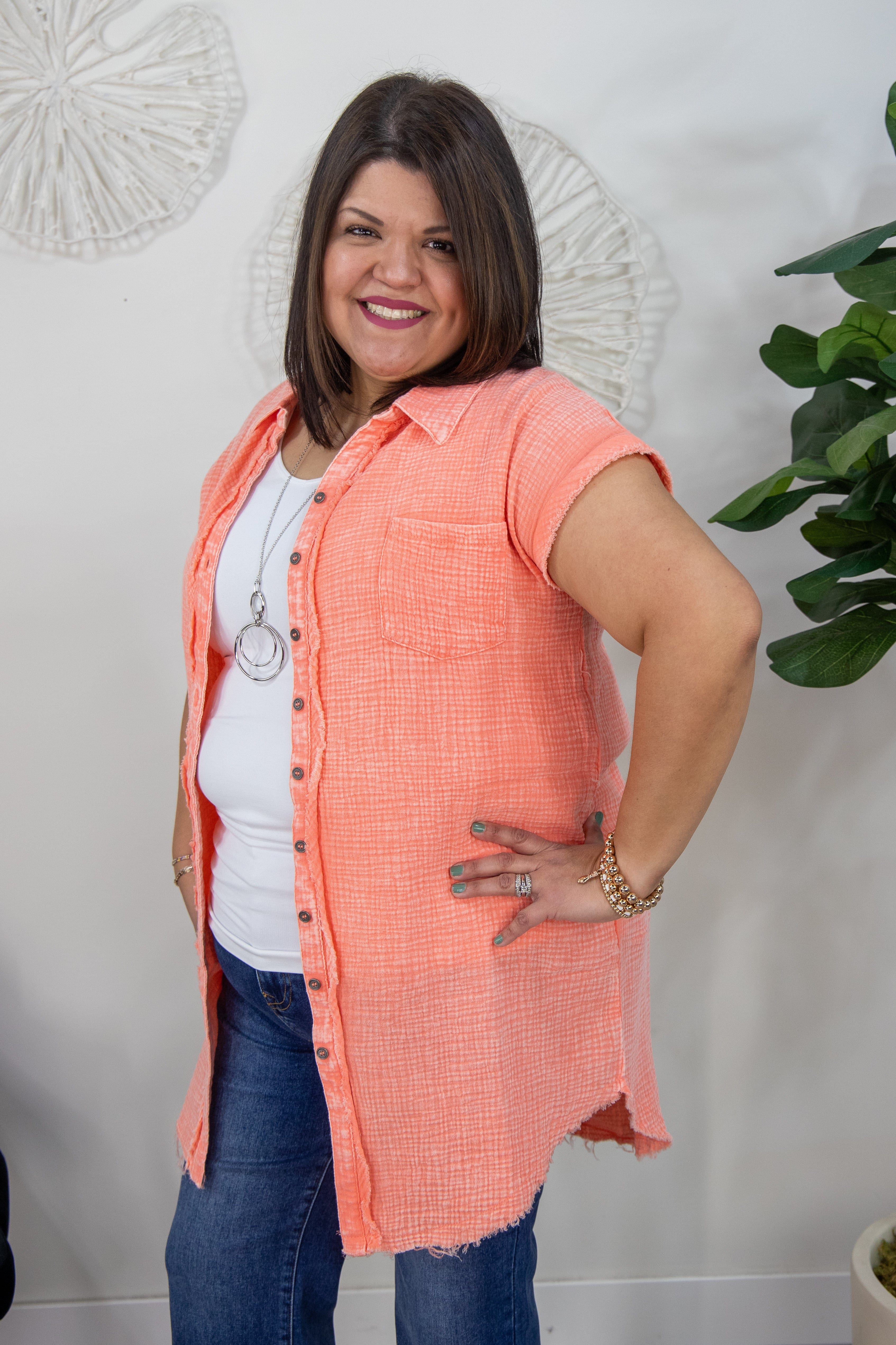 Coral Gauze Button Down Shirt Dress