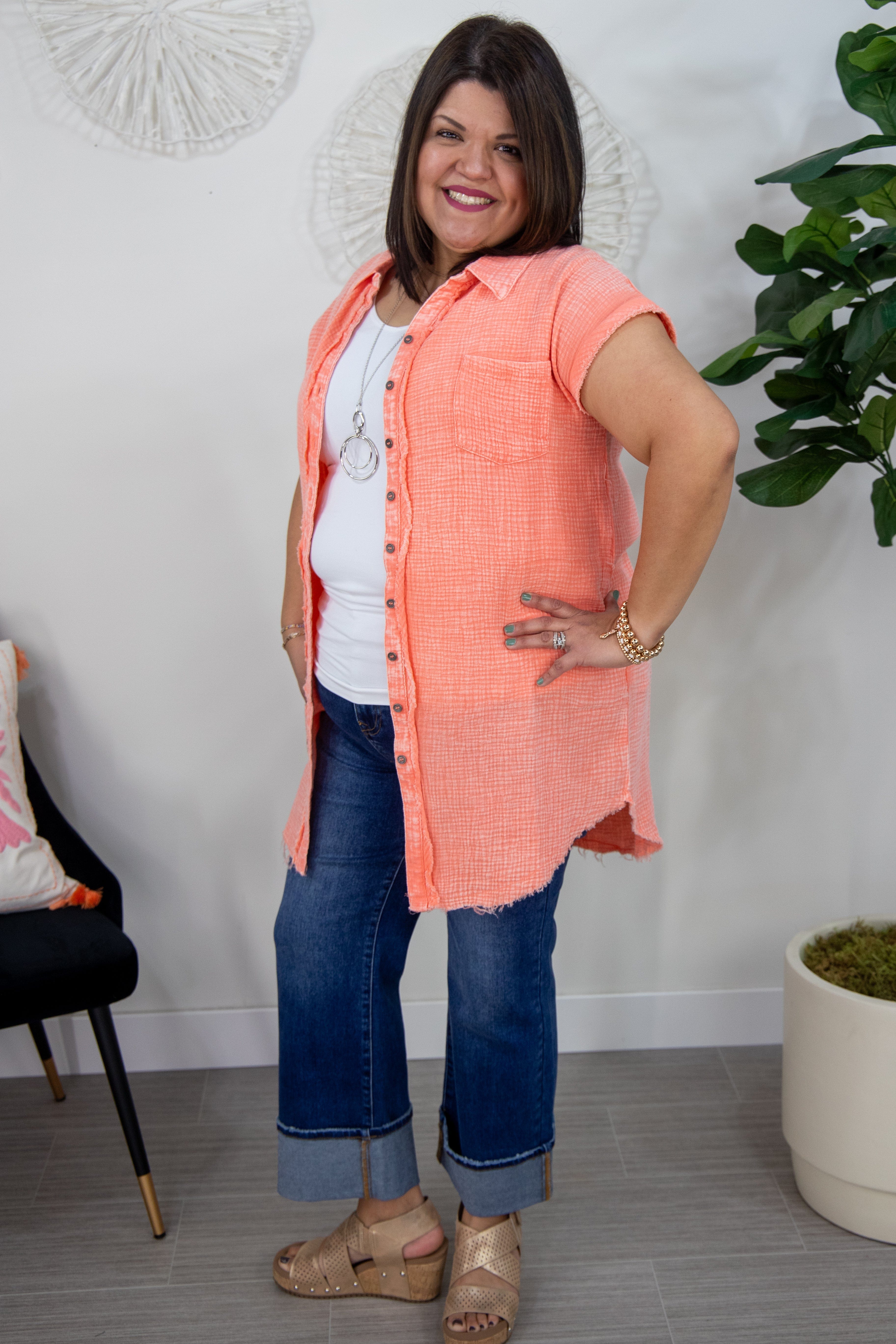 Coral Gauze Button Down Shirt Dress Styled