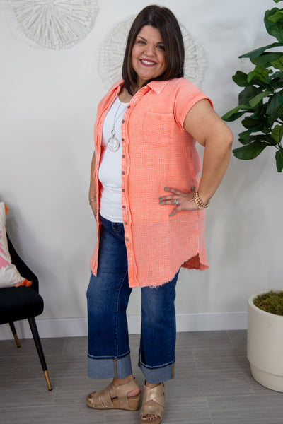 Coral Gauze Button Down Shirt Dress Styled