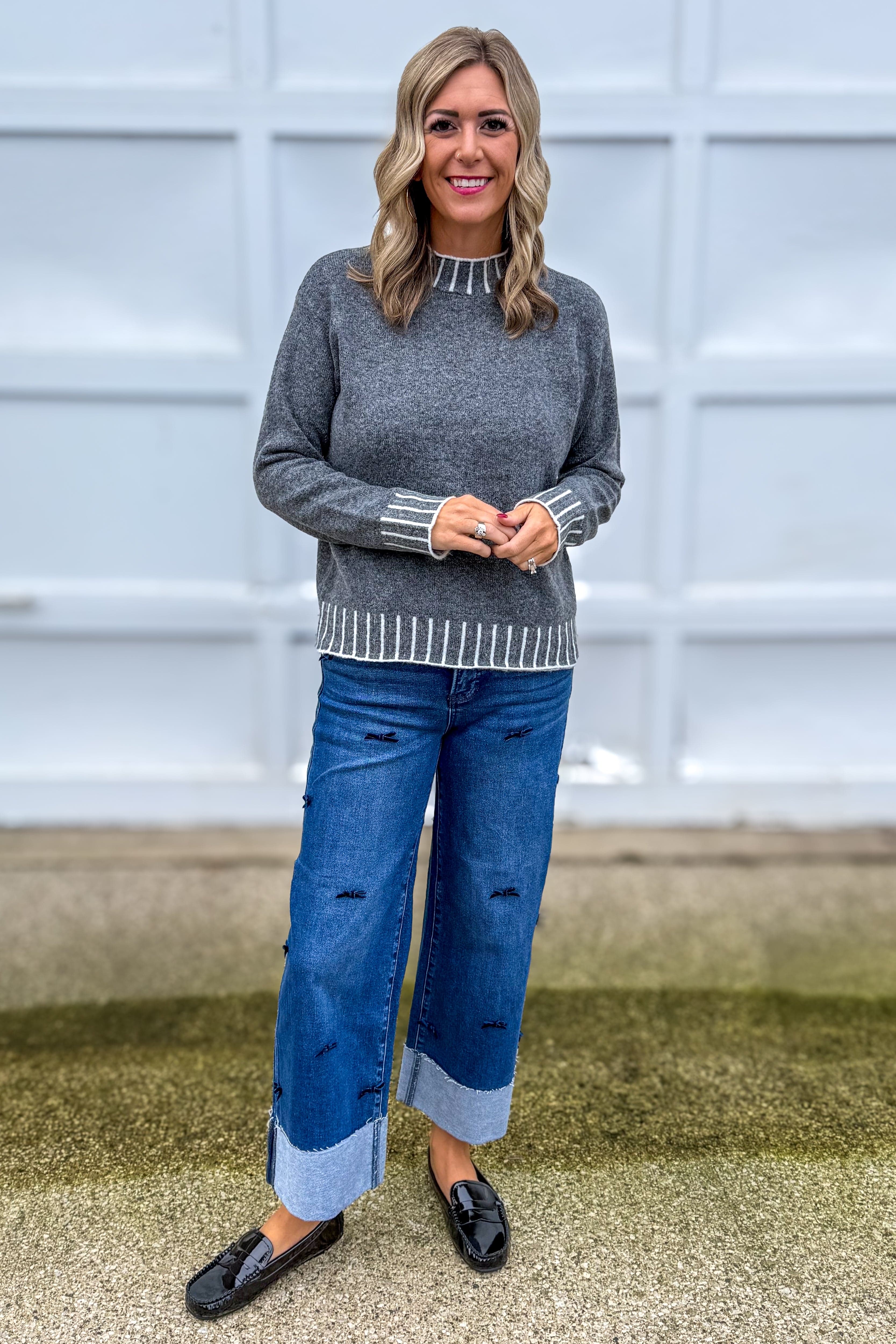 Charcoal Blanket Stitch Pullover Sweater Styled
