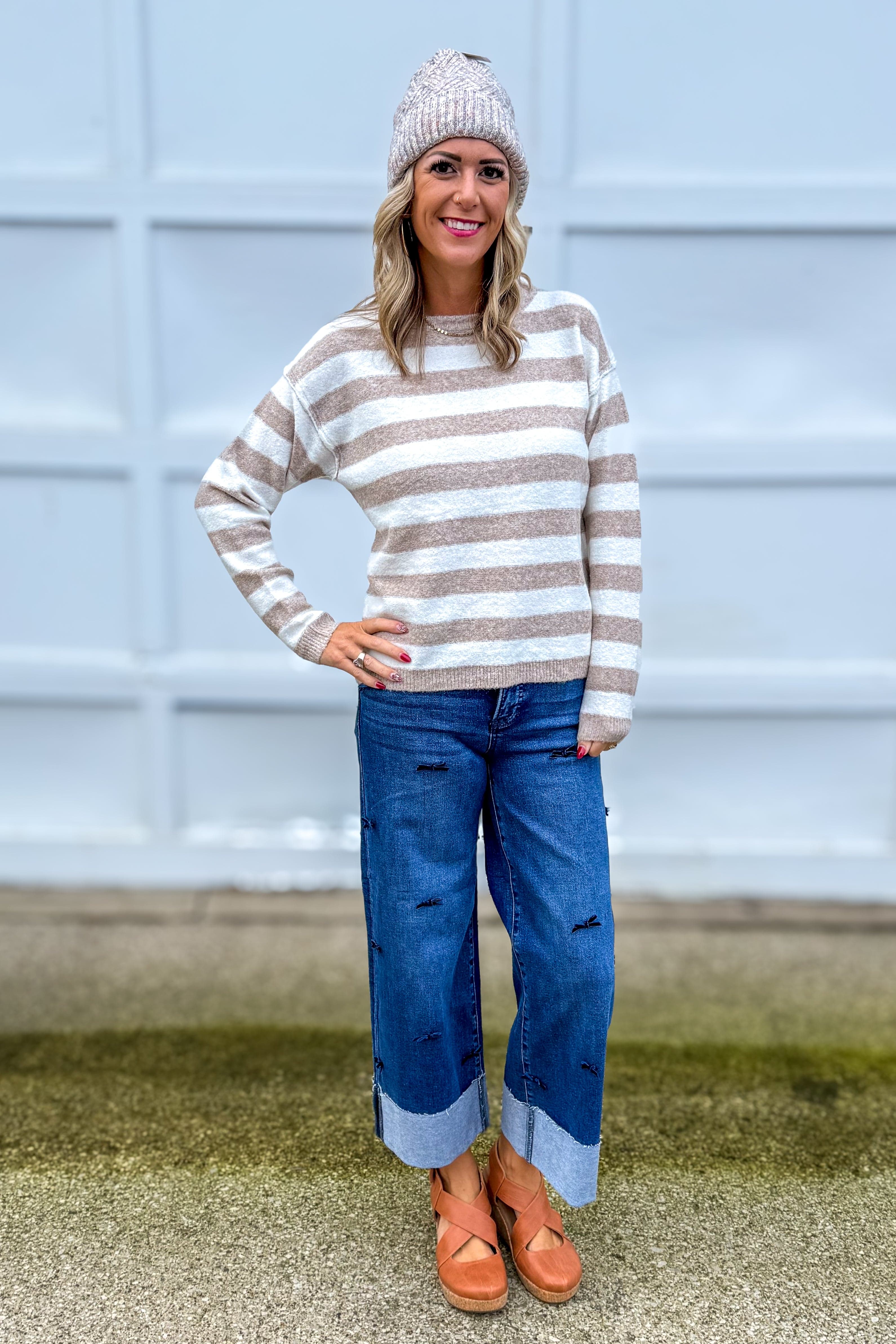 Taupe Stripe Crew Neck Sweater Styled