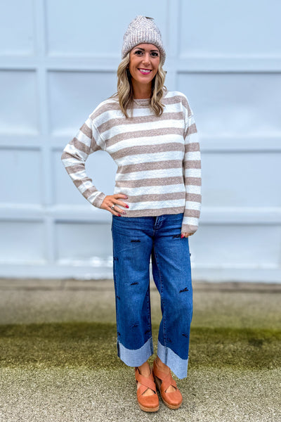 Taupe Stripe Crew Neck Sweater Styled