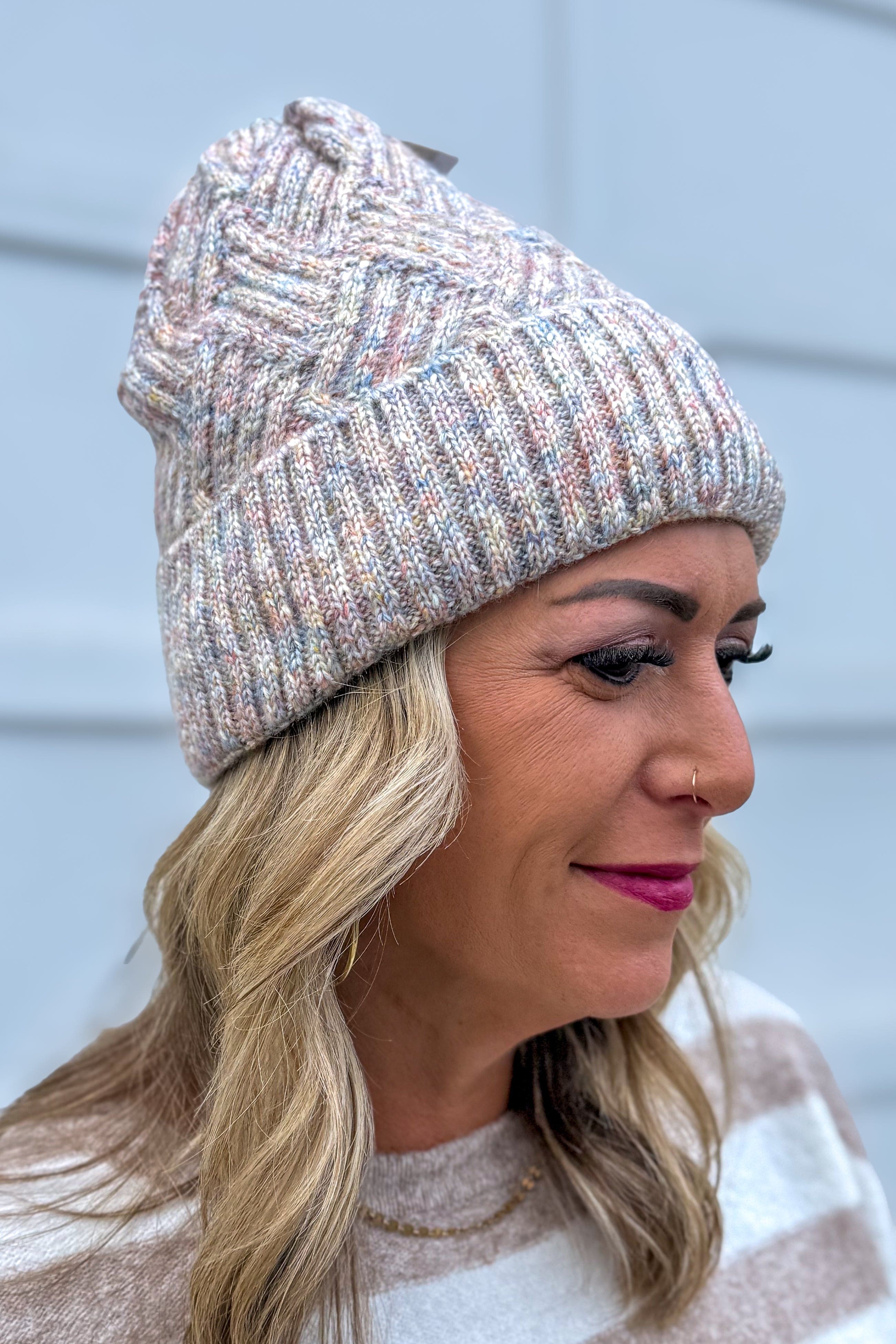 Ivory Textured Multi Yarn Beanie with Fur Lining