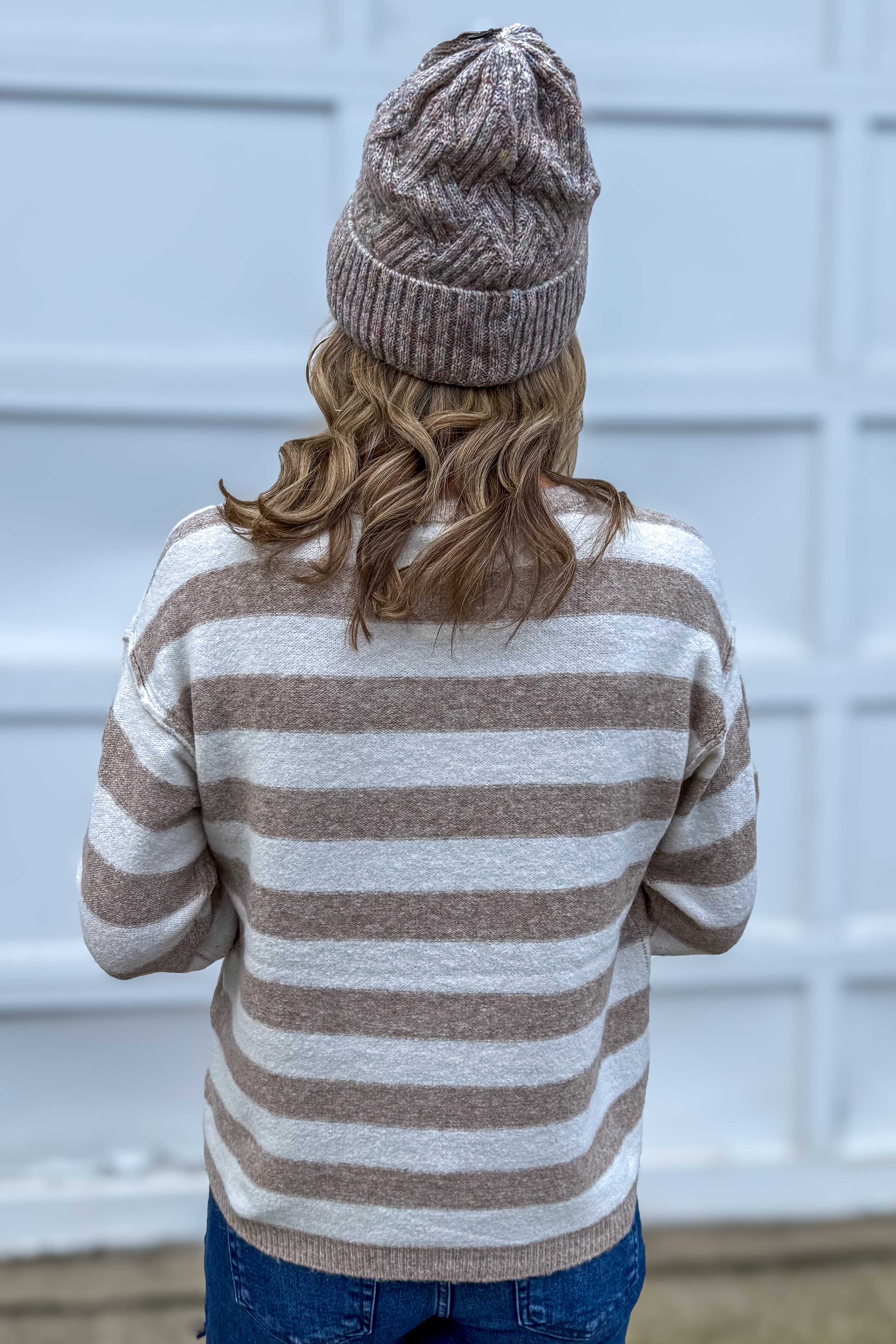 Taupe Stripe Crew Neck Sweater Back