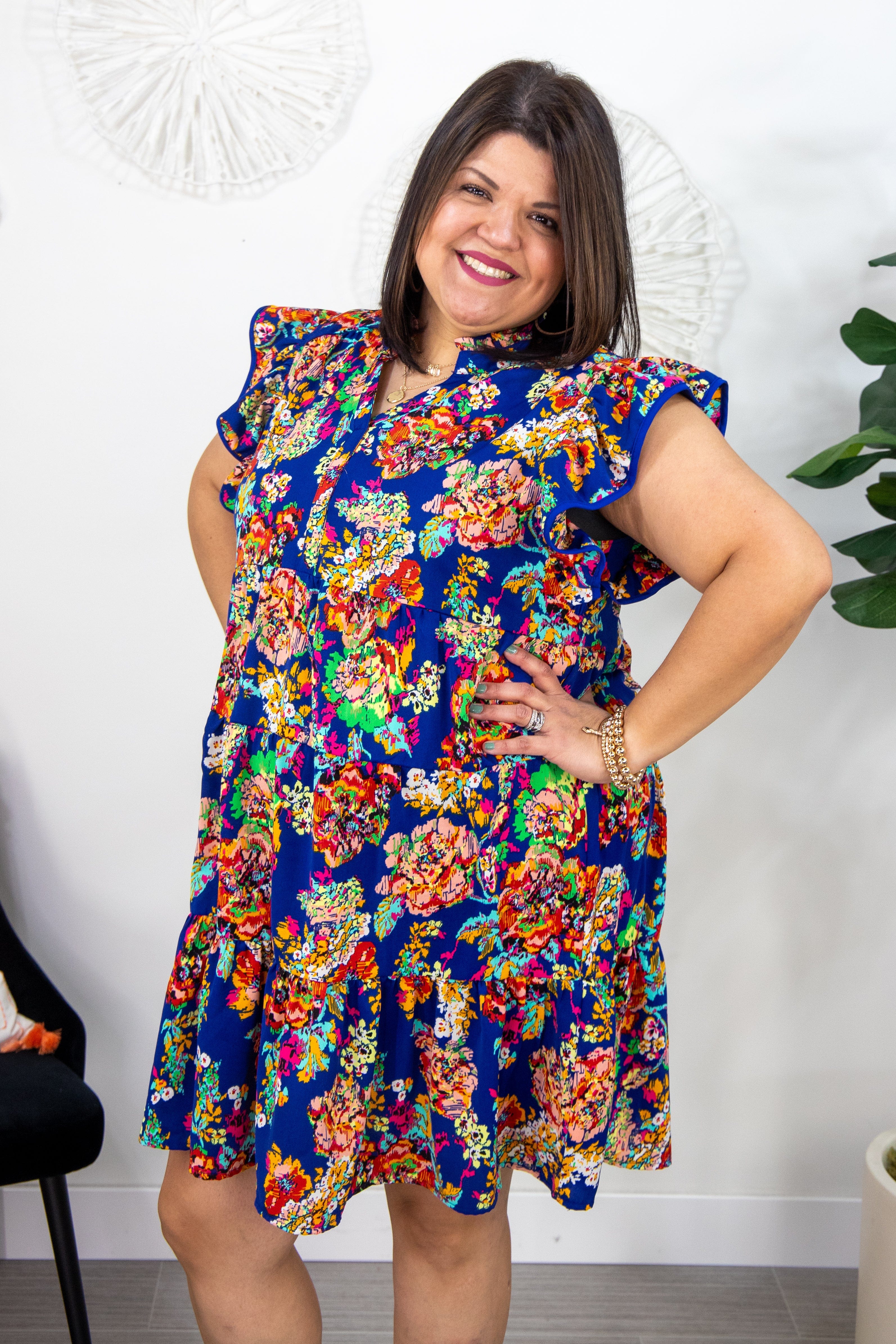 Blue Floral Tiered Flutter Sleeve Dress 