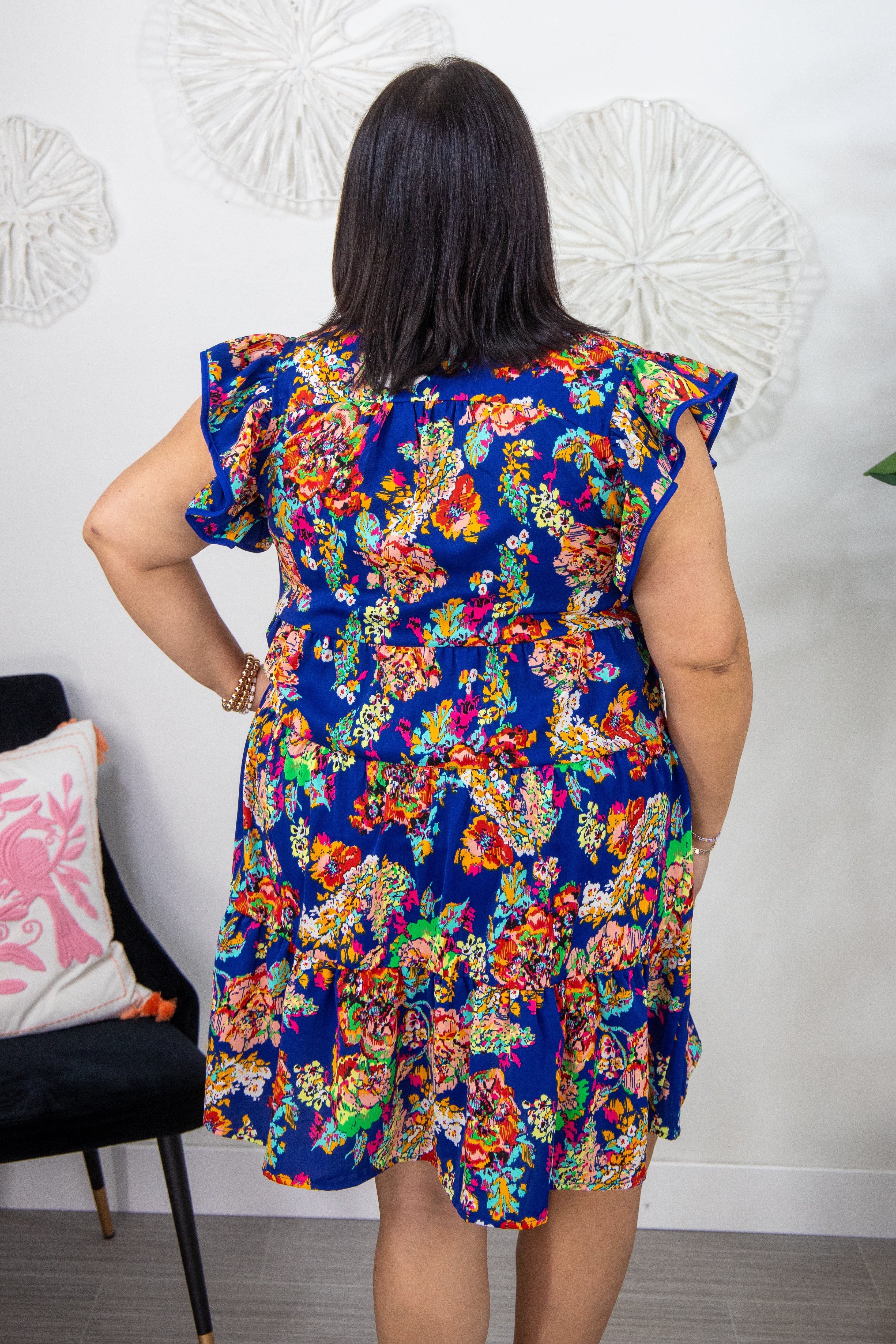 Blue Floral Tiered Flutter Sleeve Dress Back