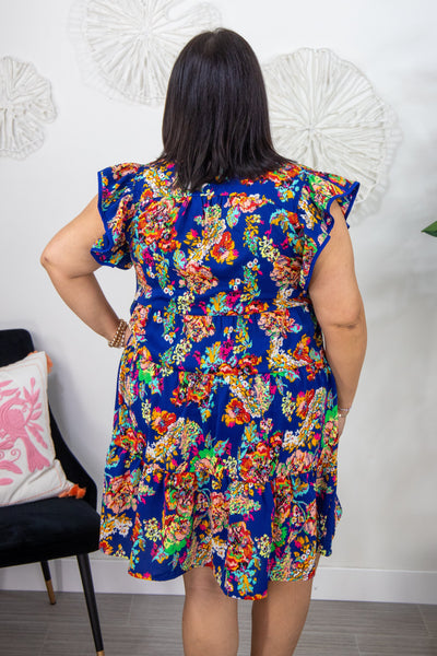 Blue Floral Tiered Flutter Sleeve Dress Back