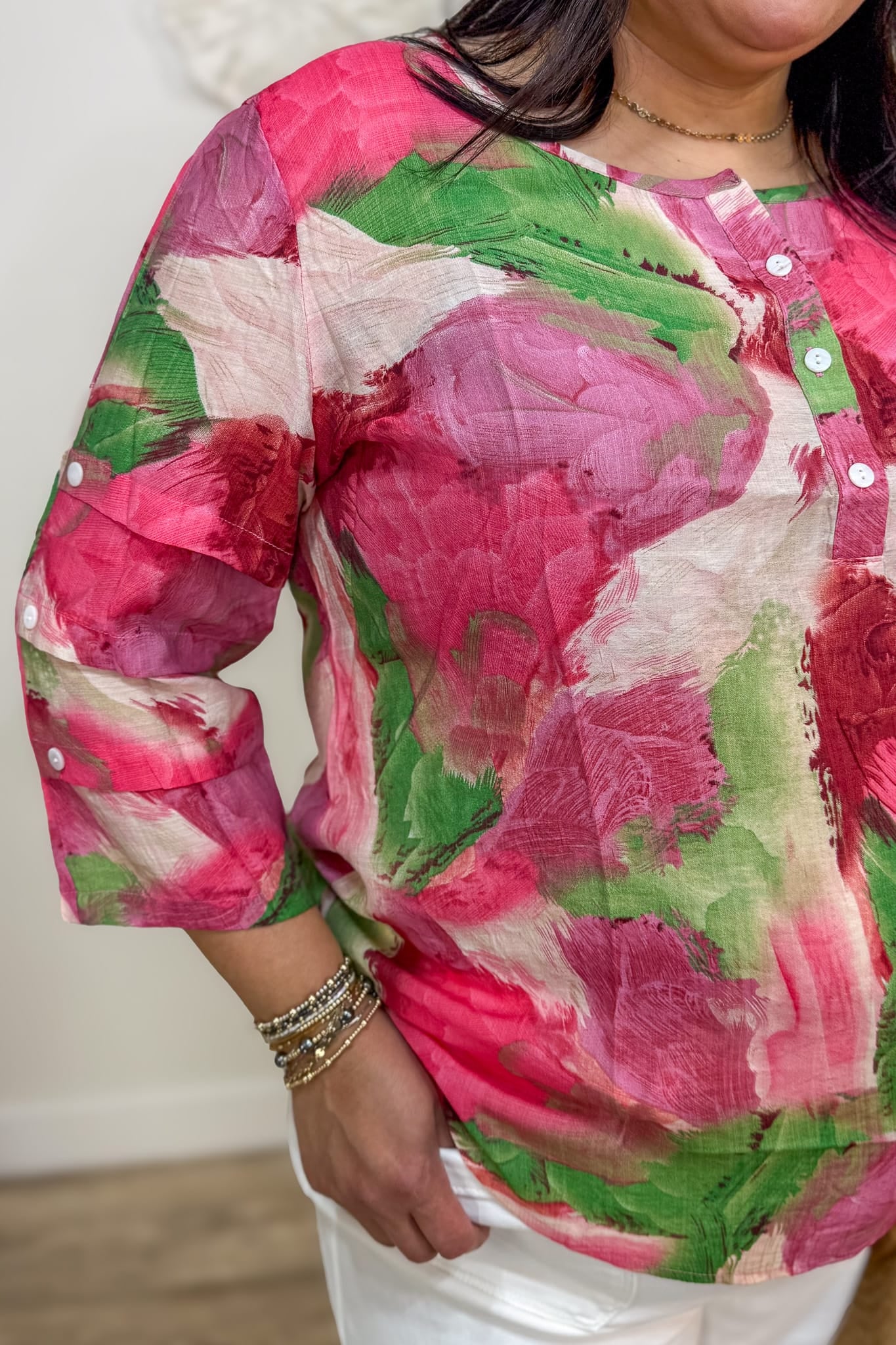 Pink Brushstroke Print Blouse Detailed