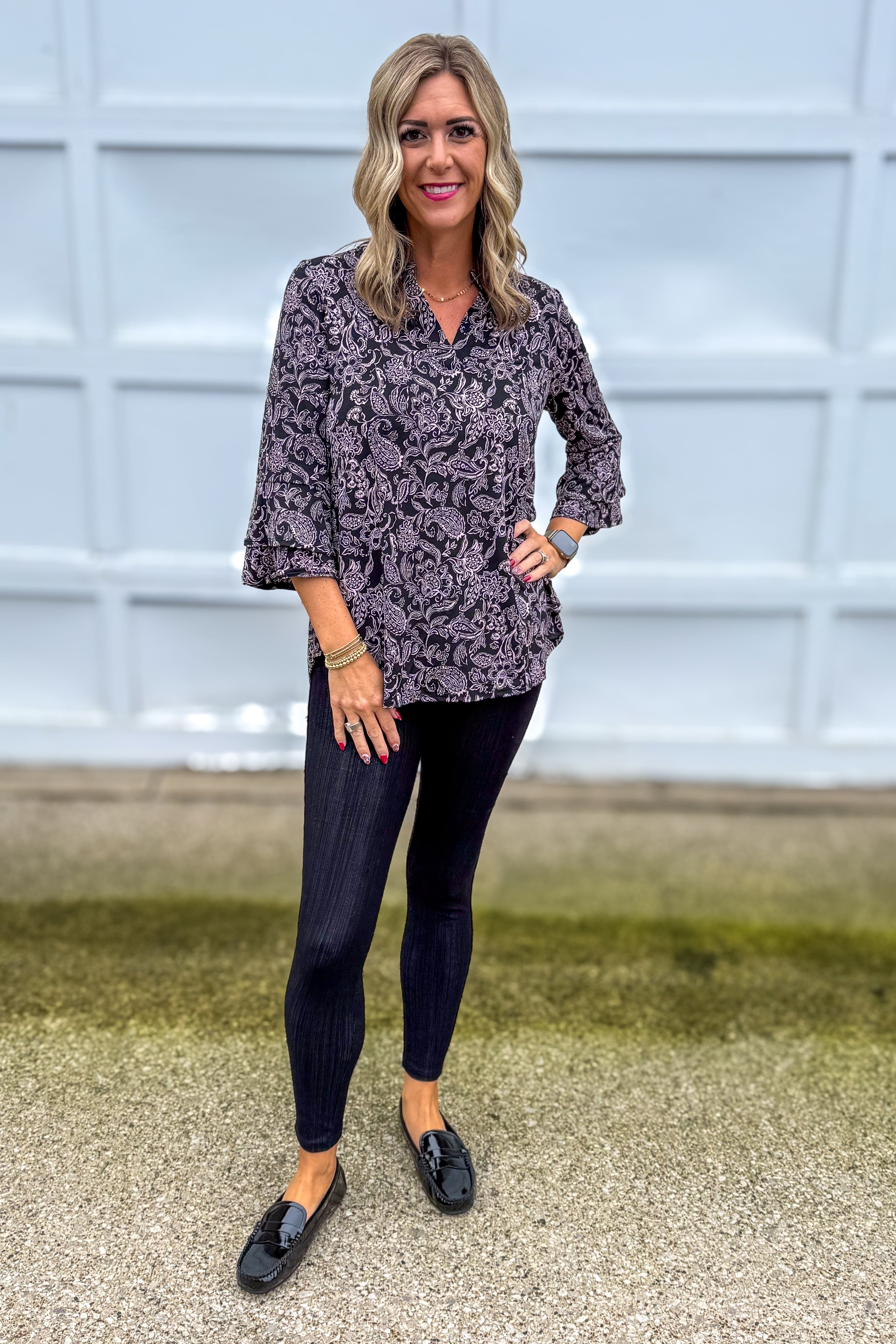 Black & Pink Paisley Bell Sleeve Lizzy Top Styled