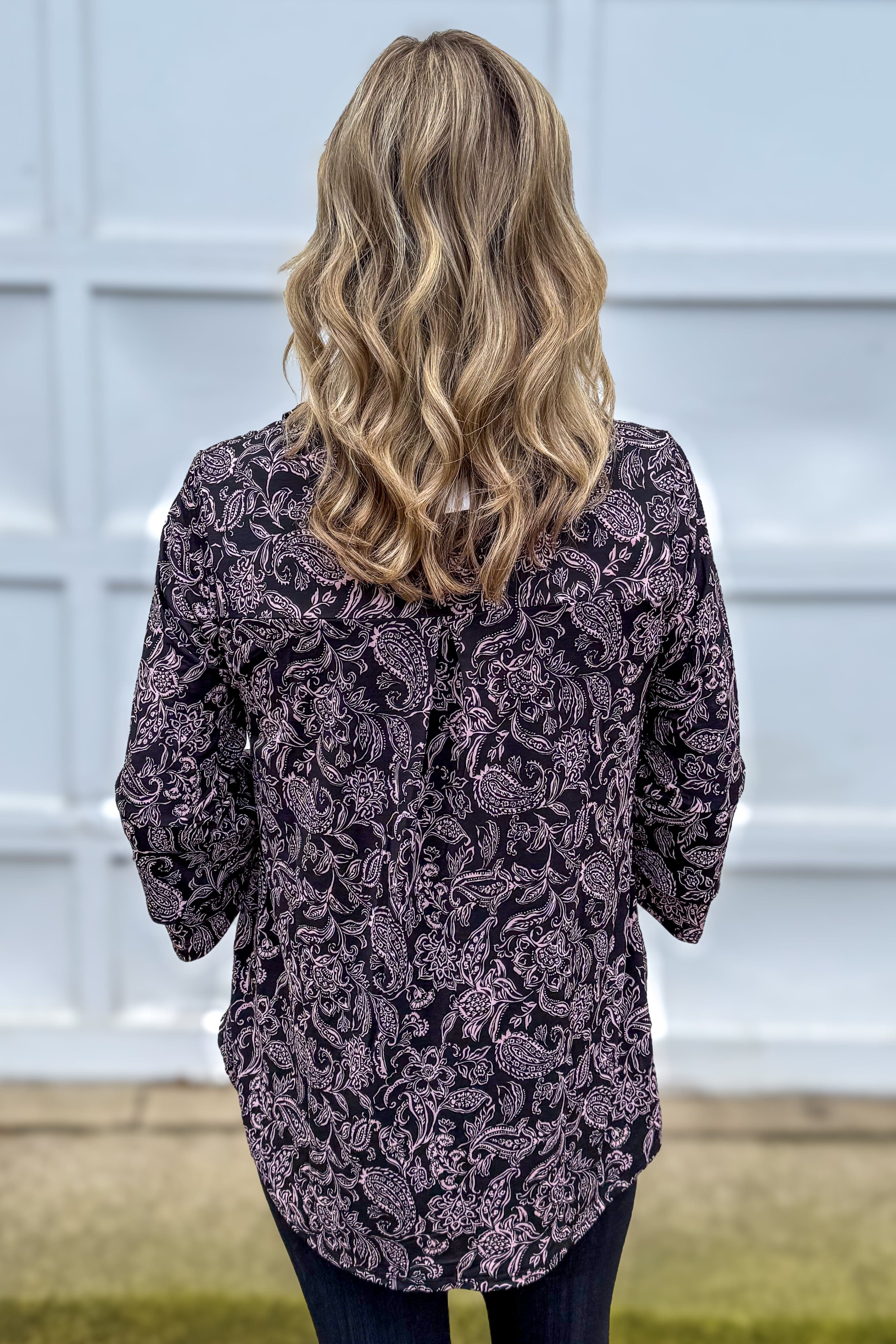 Black & Pink Paisley Bell Sleeve Lizzy Top Back