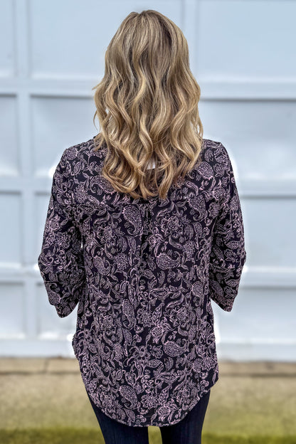 Black & Pink Paisley Bell Sleeve Lizzy Top Back