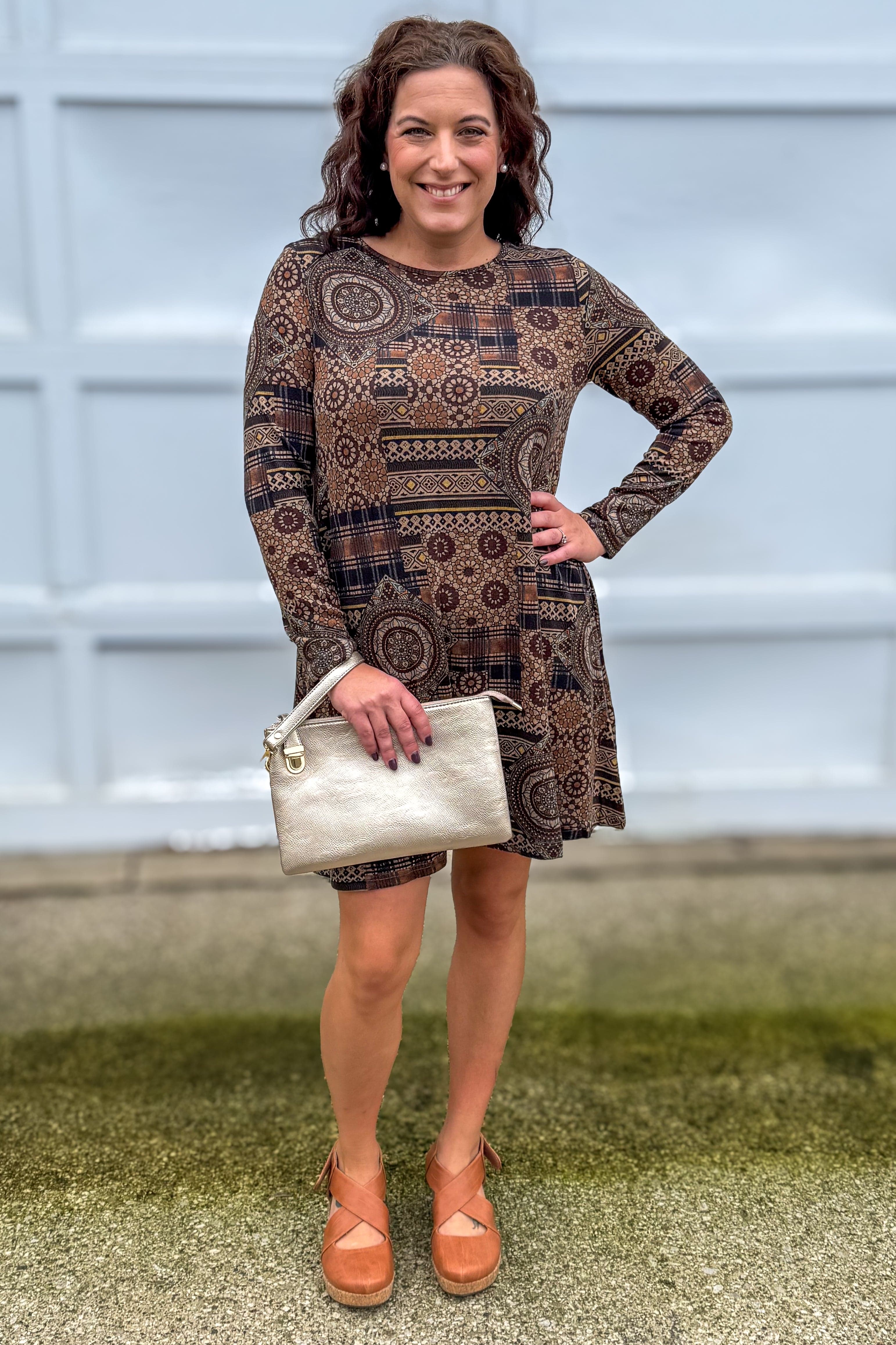 Brown Medallion Sweater Dress Styled
