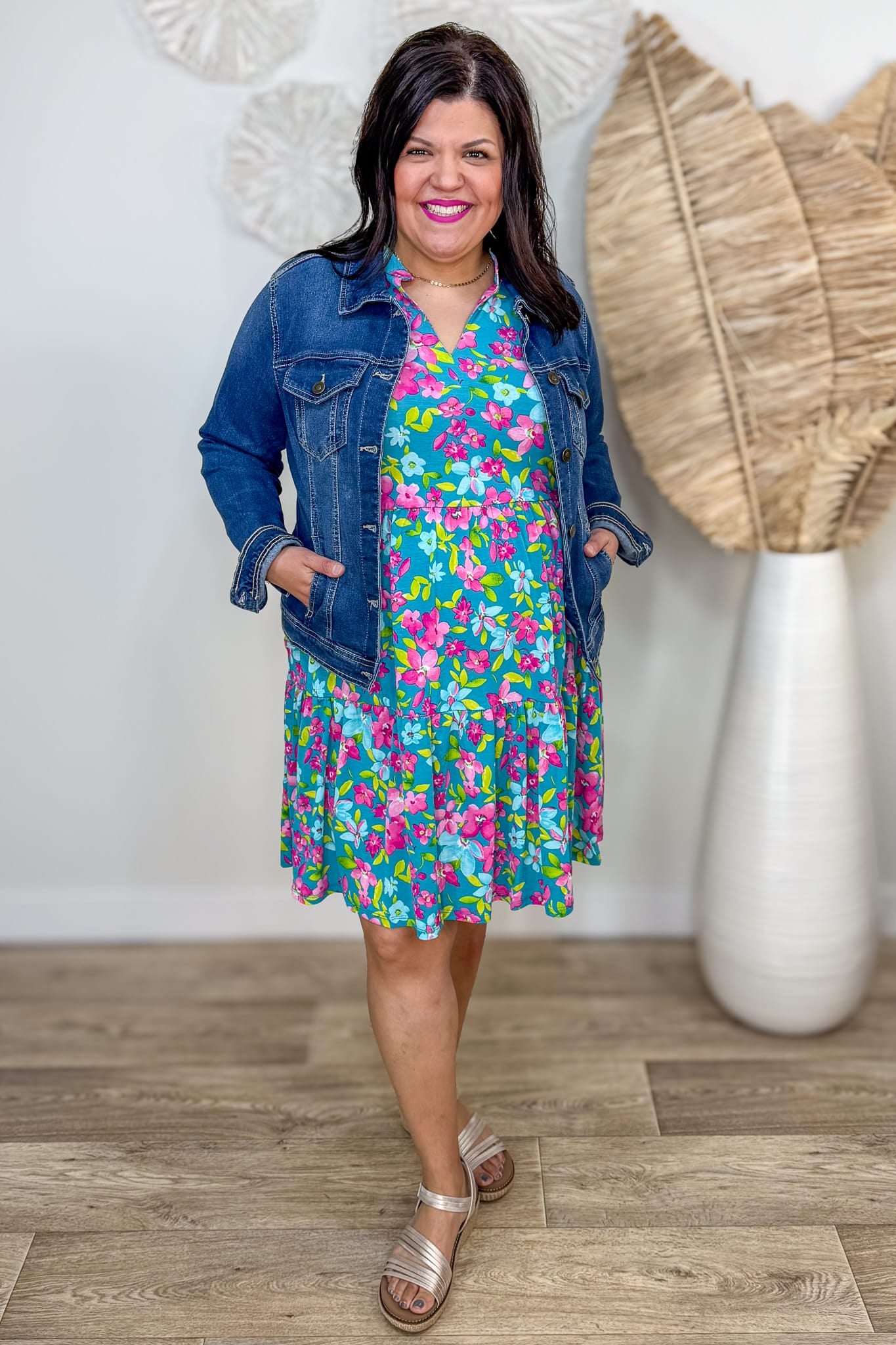 Teal Bright Floral Tiered Tank Dress Styled