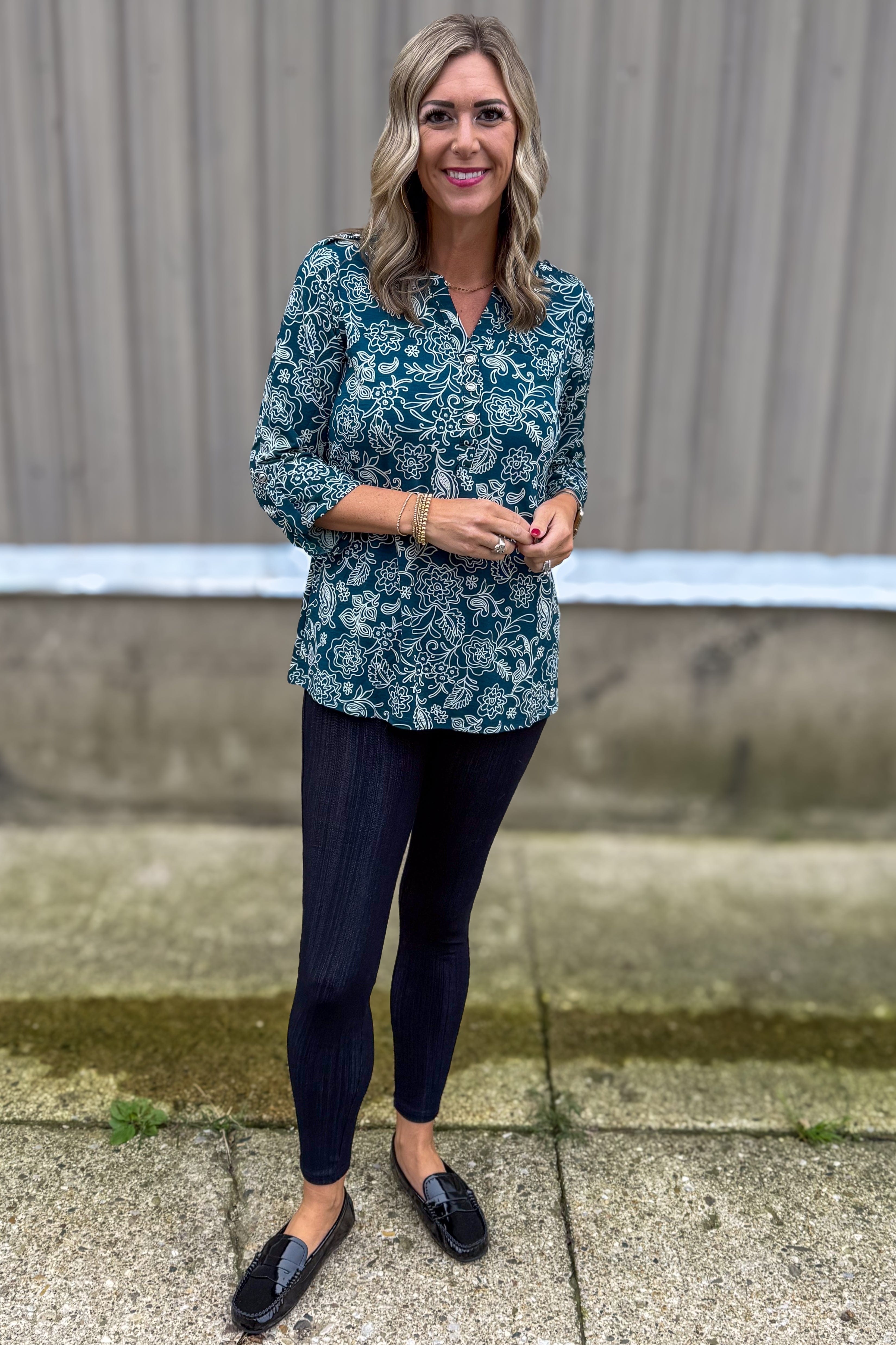 Hunter Green Swirl Floral Button Lizzy Blouse Styled
