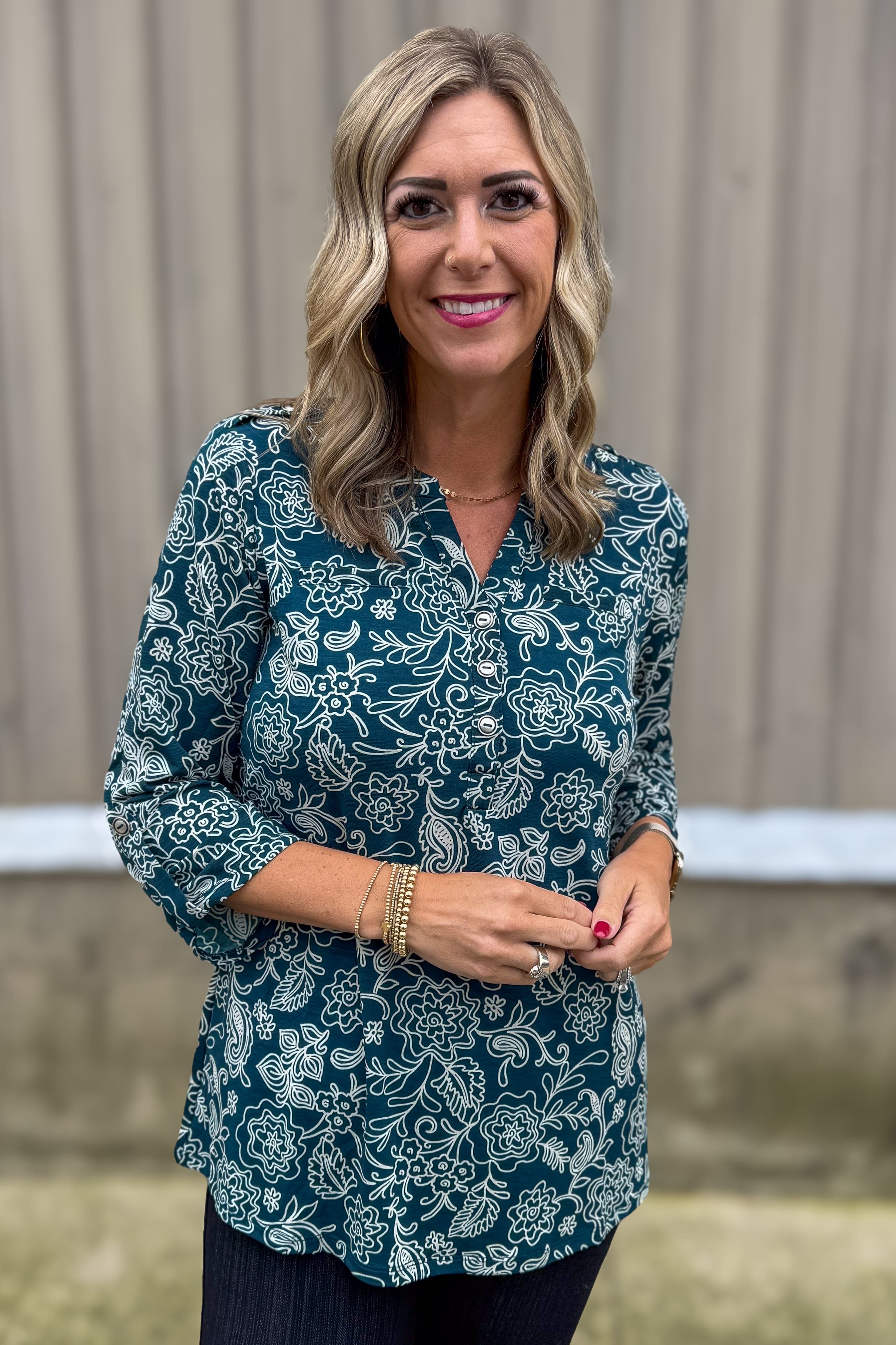 Hunter Green Swirl Floral Button Lizzy Blouse