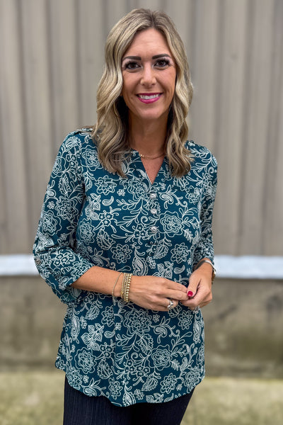 Hunter Green Swirl Floral Button Lizzy Blouse
