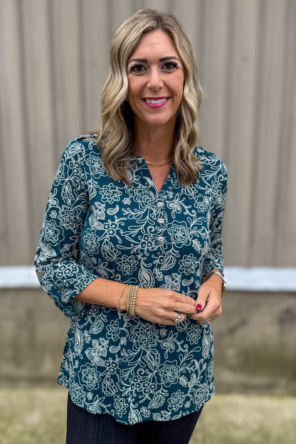 Hunter Green Swirl Floral Button Lizzy Blouse