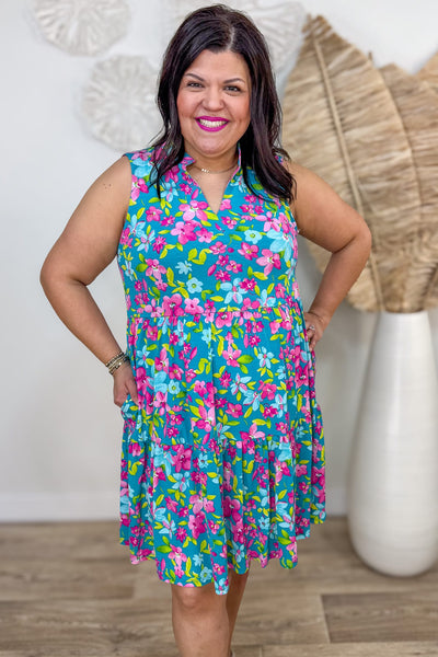 Teal Bright Floral Tiered Tank Dress