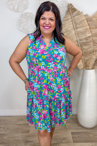 Teal Bright Floral Tiered Tank Dress